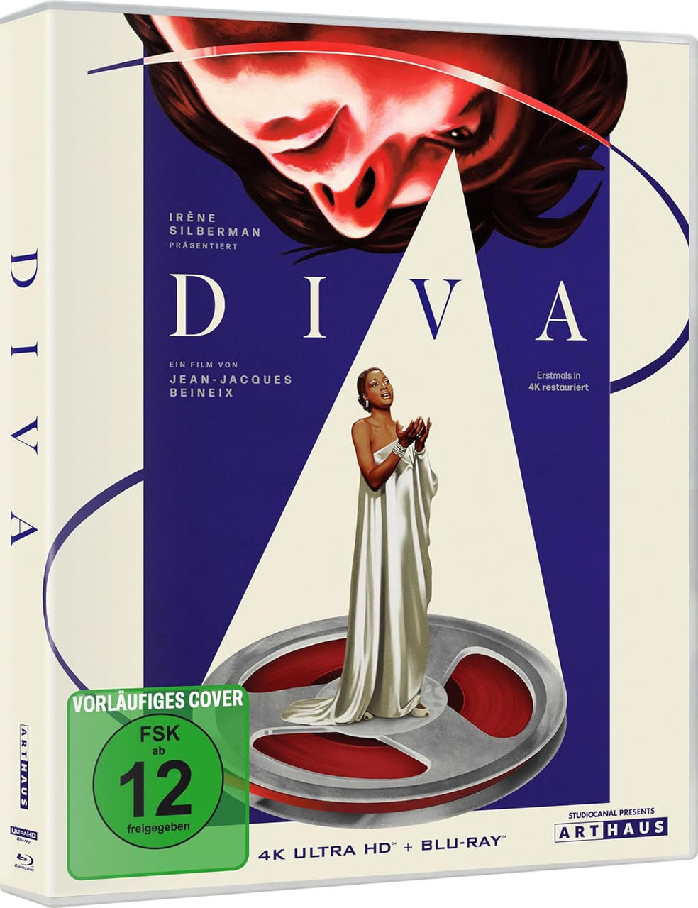 Filmcover für 'Diva'. Zeigt eine Frau in einem weißen Kleid, eine Filmrolle und Text. Oben ist ein Gesicht. Blau und Weiß dominieren.