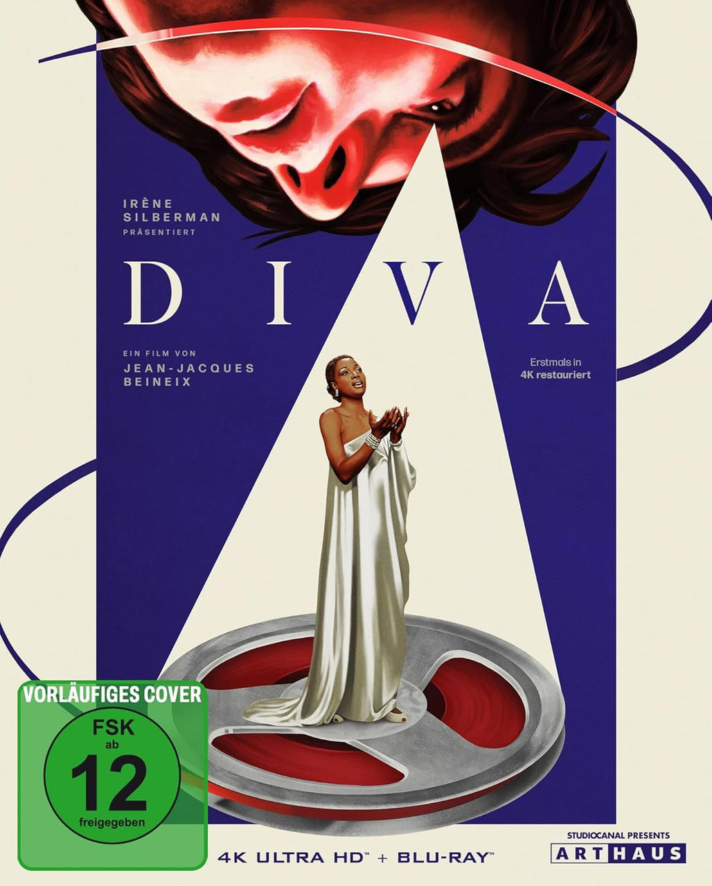 Filmcover für "Diva". Zeigt eine Frau in einem weißen Kleid, eine Filmrolle und den Titel. Das Bild ist in 4K und hat eine Bewertung.