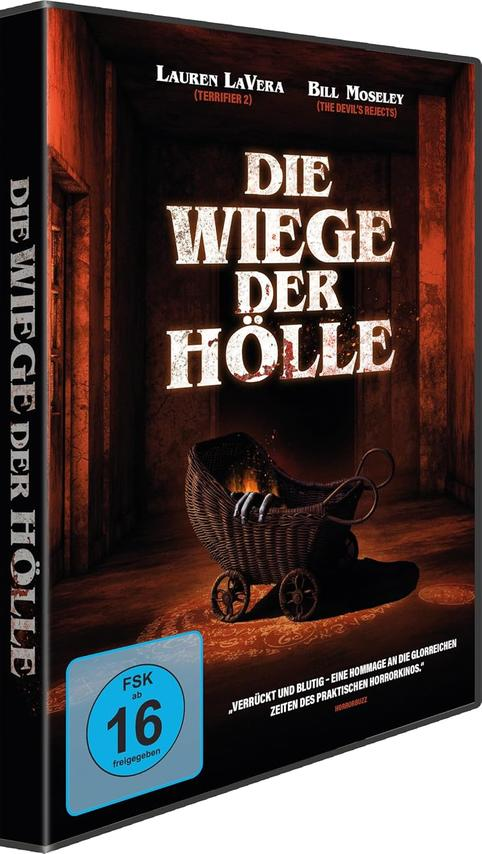 Filmcover: Die Wiege Der H ölle. Ein Kinderwagen mit einer Hand darin. Der Titel steht in großen, weißen, verwitterten Buchstaben.