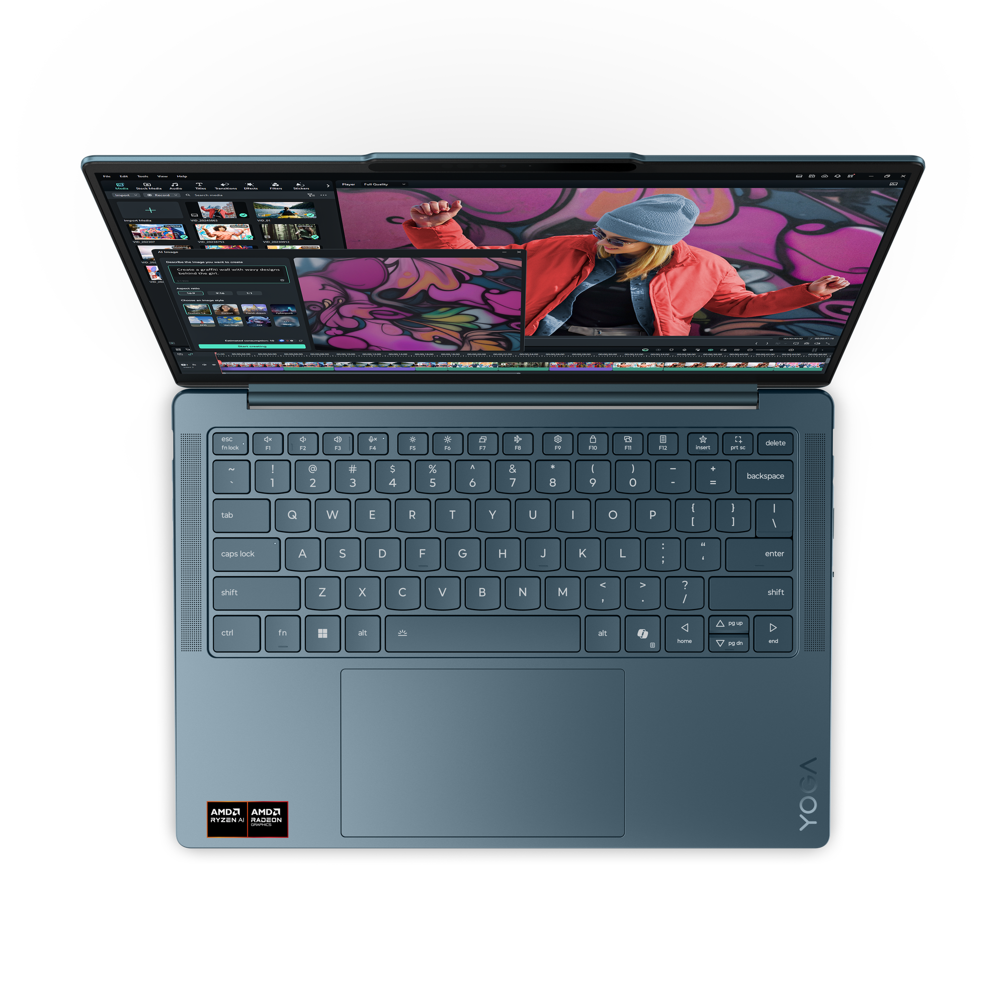 Laptop mit geöffnetem Bildschirm, der Videobearbeitungssoftware anzeigt. Eine Person mit Hut und roter Jacke ist zu sehen.