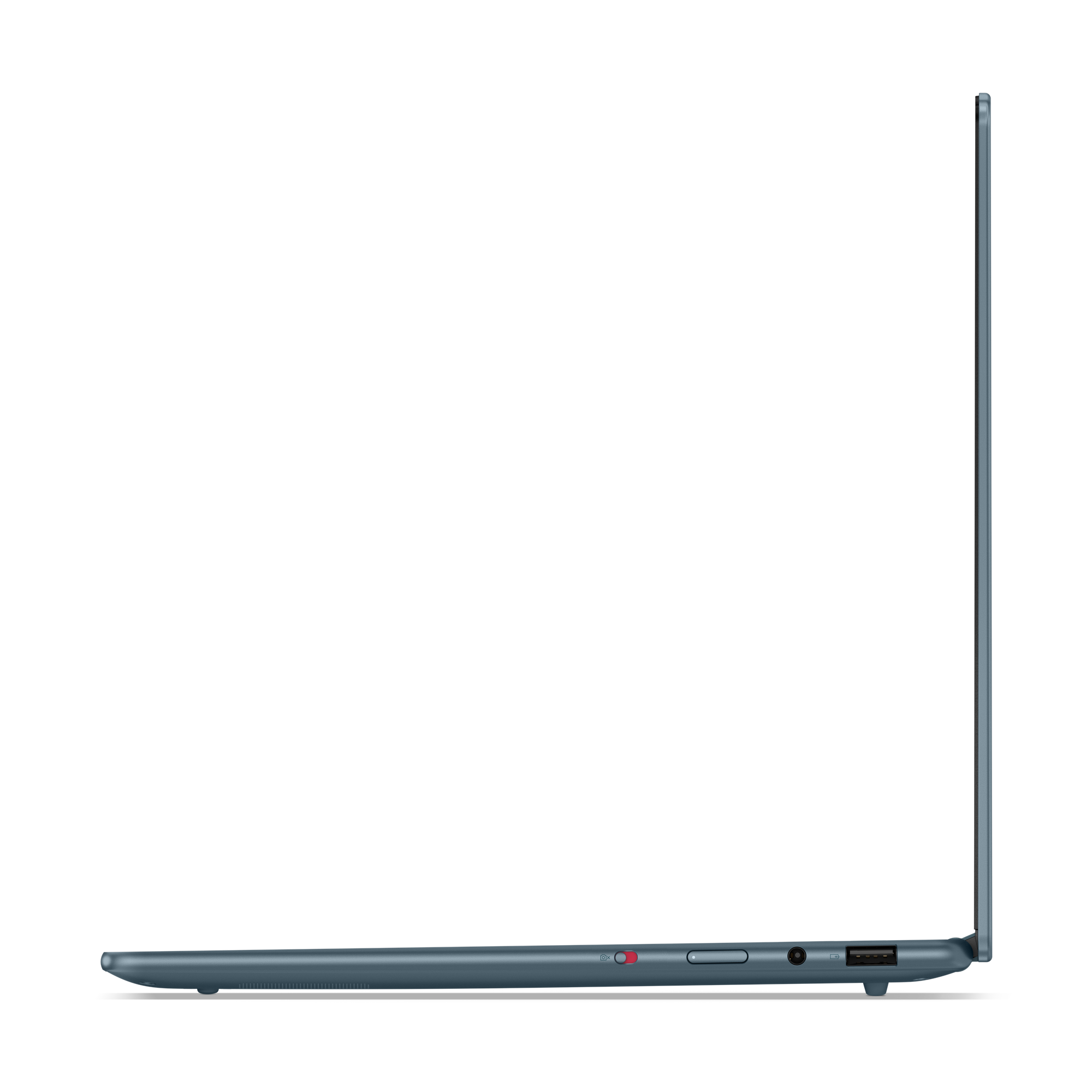 Seitenansicht eines tealfarbenen Laptops. Anschlüsse sichtbar, einschließlich USB und Audiobuchse. Schwarzer Hintergrund.