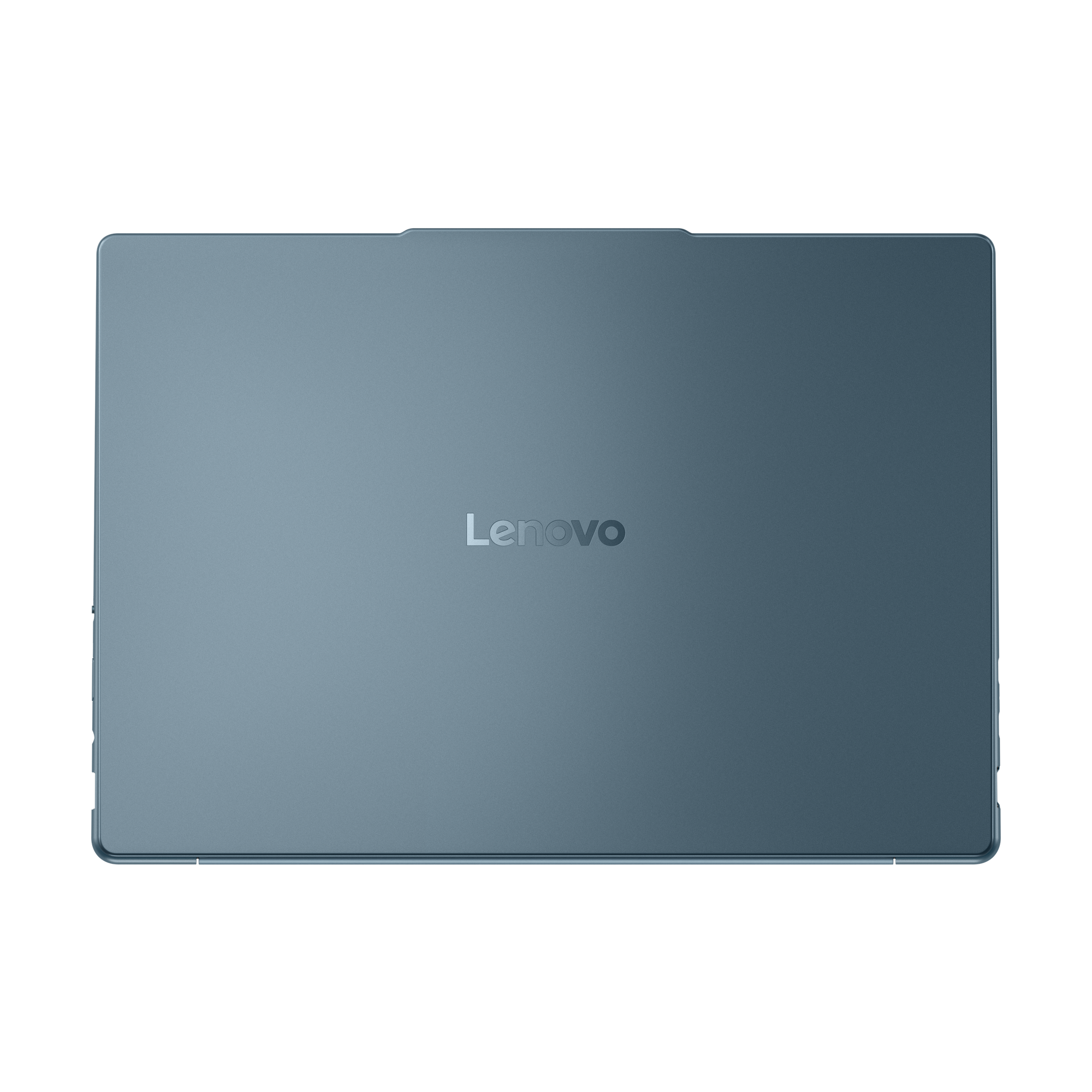 Ein geschlossener blauer Lenovo-Laptop auf schwarzem Hintergrund. Das Lenovo-Logo ist zentriert.