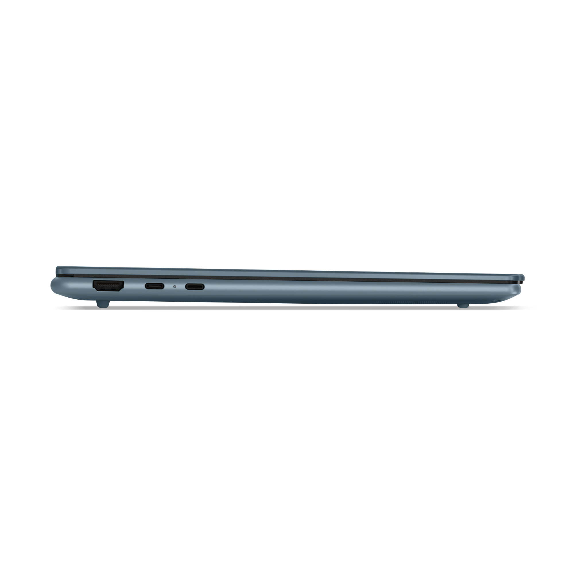 Seitenansicht eines geschlossenen teal Laptops mit sichtbaren Anschlüssen vor schwarzem Hintergrund.