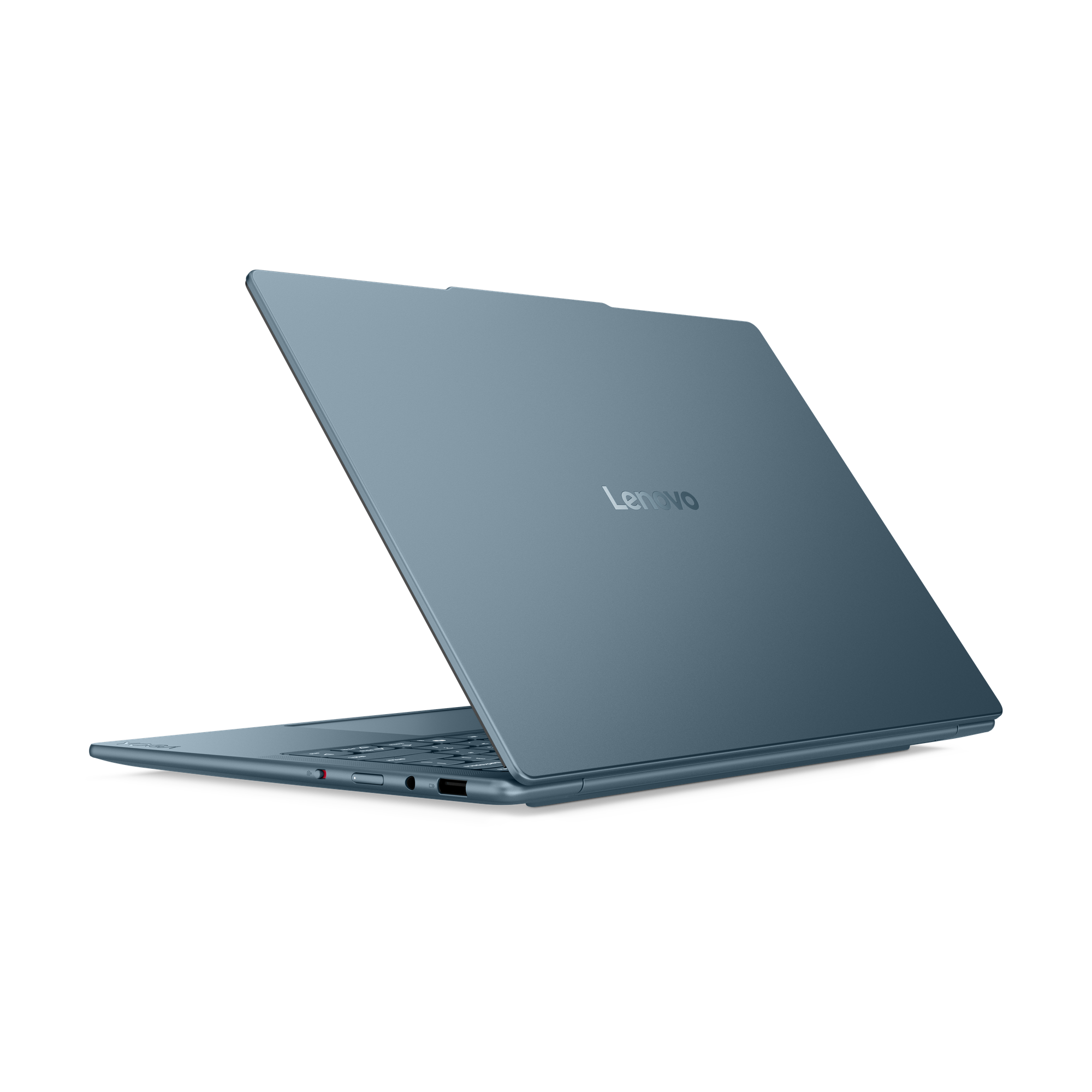 Un ordinateur portable Lenovo bleu, partiellement ouvert, sur fond noir. Le logo Lenovo est visible sur le couvercle.