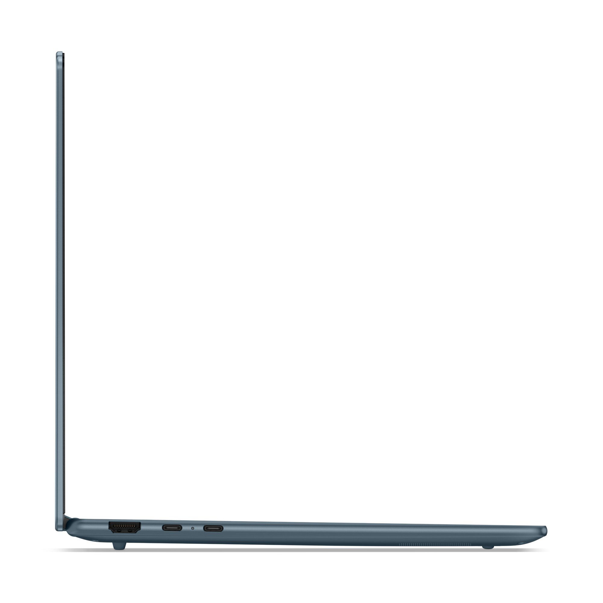 Seitenansicht eines grauen Laptops vor schwarzem Hintergrund. Der Laptop ist geöffnet und Anschlüsse sind sichtbar.