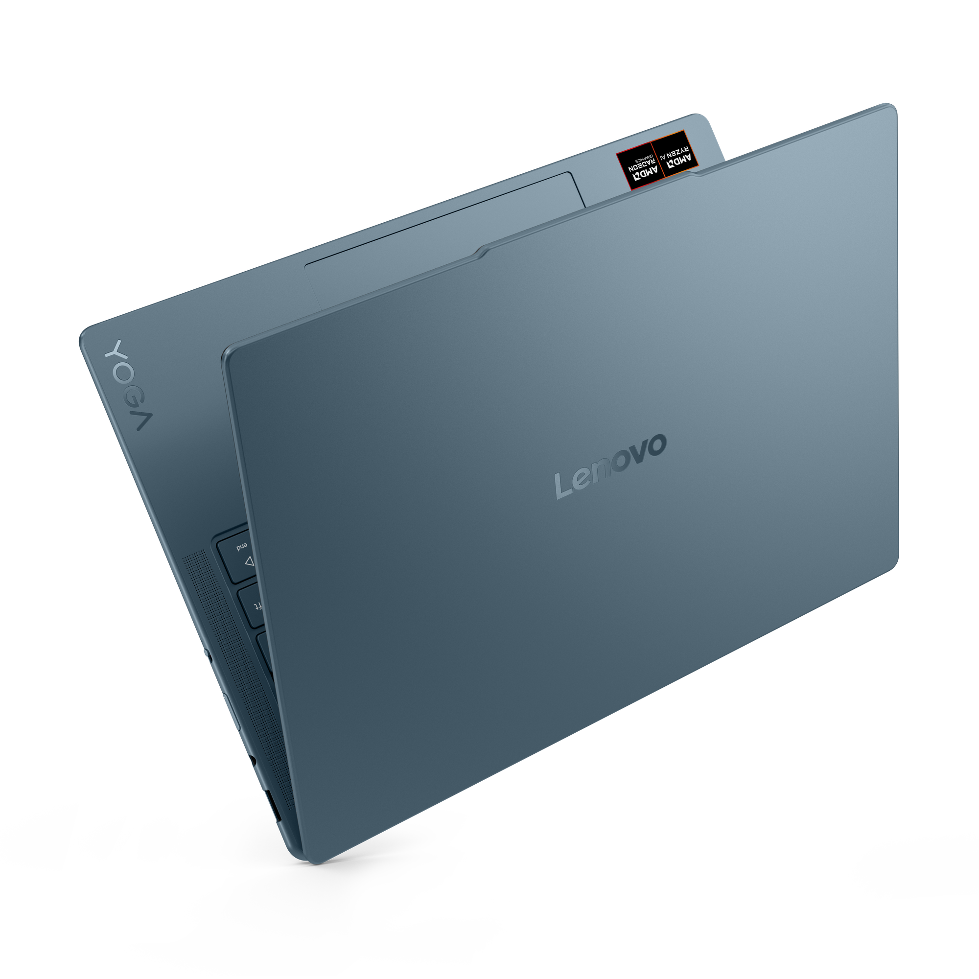 Ein tealfarbener Lenovo Yoga-Laptop ist teilweise auf einer schwarzen Oberfläche geöffnet und zeigt die Tastatur und das Lenovo-Logo.