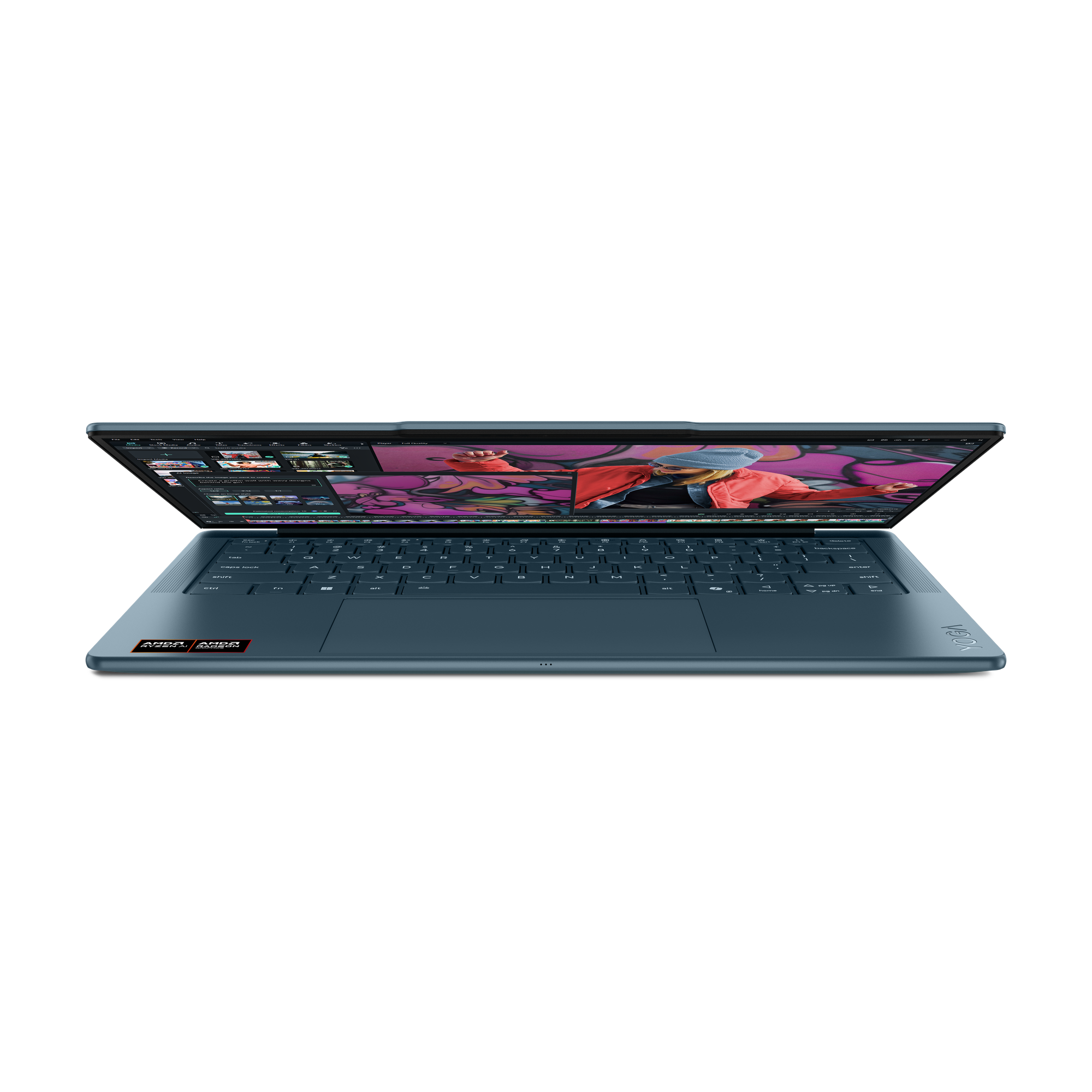 Ordinateur portable bleu ouvert, écran affichant un logiciel de montage vidéo. Fond noir. Marque AMD Radeon et Yoga.