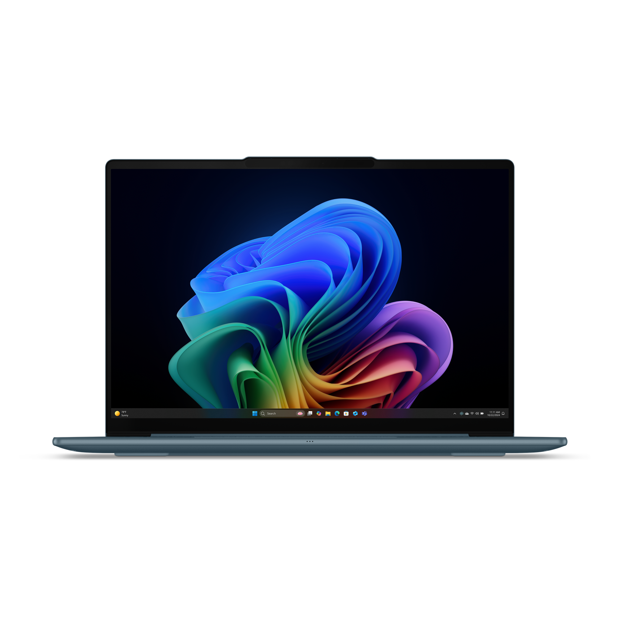 Ein blauer Laptop zeigt ein farbenfrohes abstraktes Bild vor schwarzem Hintergrund. Der Bildschirm zeigt die Windows-Oberfläche.