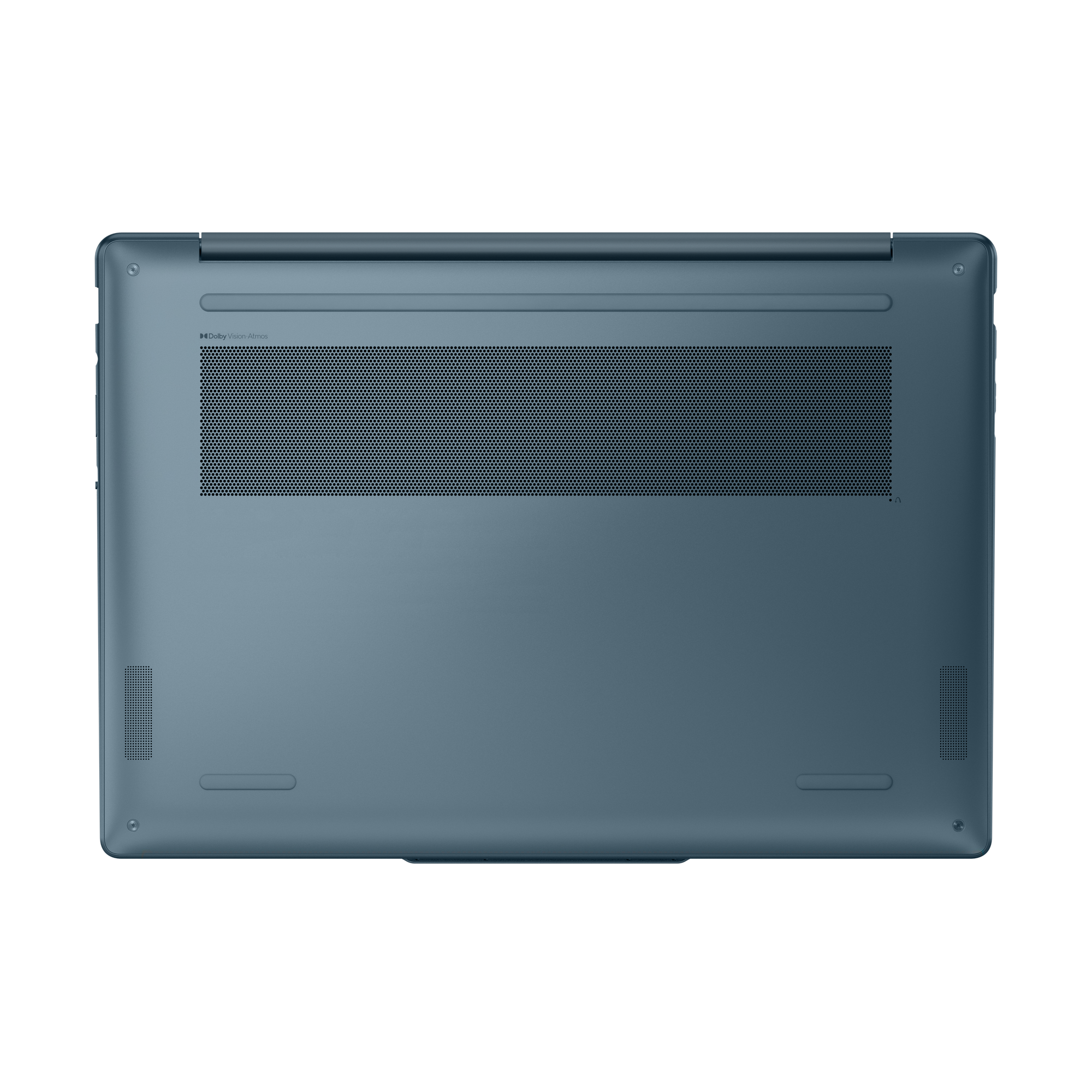 Unteransicht eines blauen Laptops. Merkmale: großes Lüftungsgitter, Lautsprechergitter und Dolby Vision Atmos-Branding.