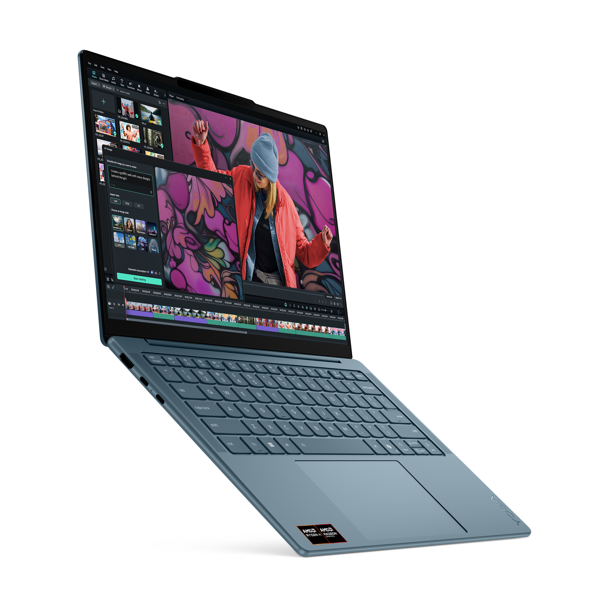 Ein blauer Laptop zeigt eine Videobearbeitungssoftware. Auf dem Bildschirm ist eine Person in einer roten Jacke zu sehen.