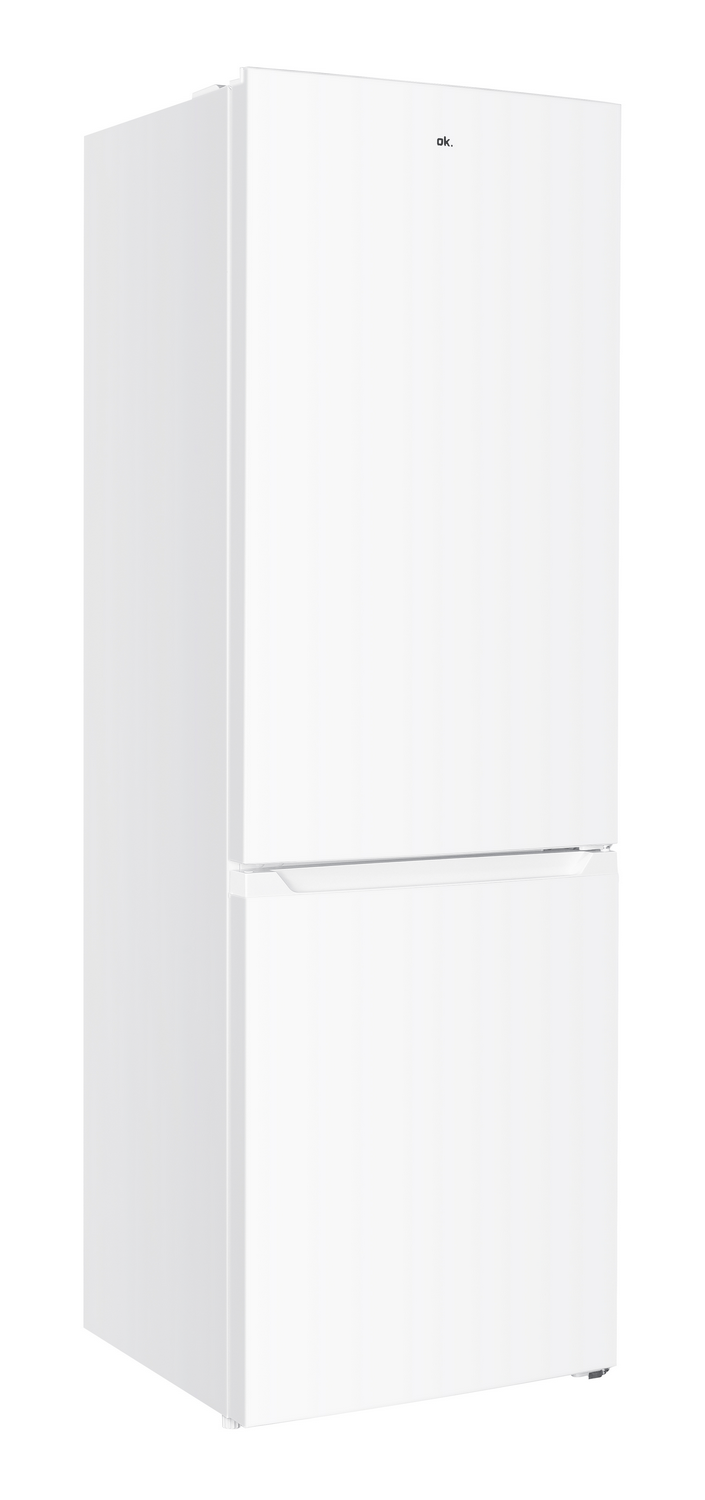 Un refrigerador blanco de dos puertas con la marca 'ok.' en la puerta superior. Se encuentra sobre un fondo blanco.