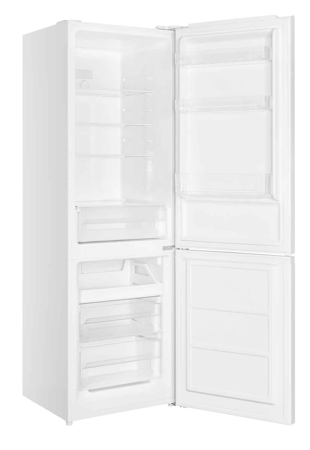 Un refrigerador blanco con la puerta abierta, mostrando estantes y cajones. La puerta del congelador también está abierta.