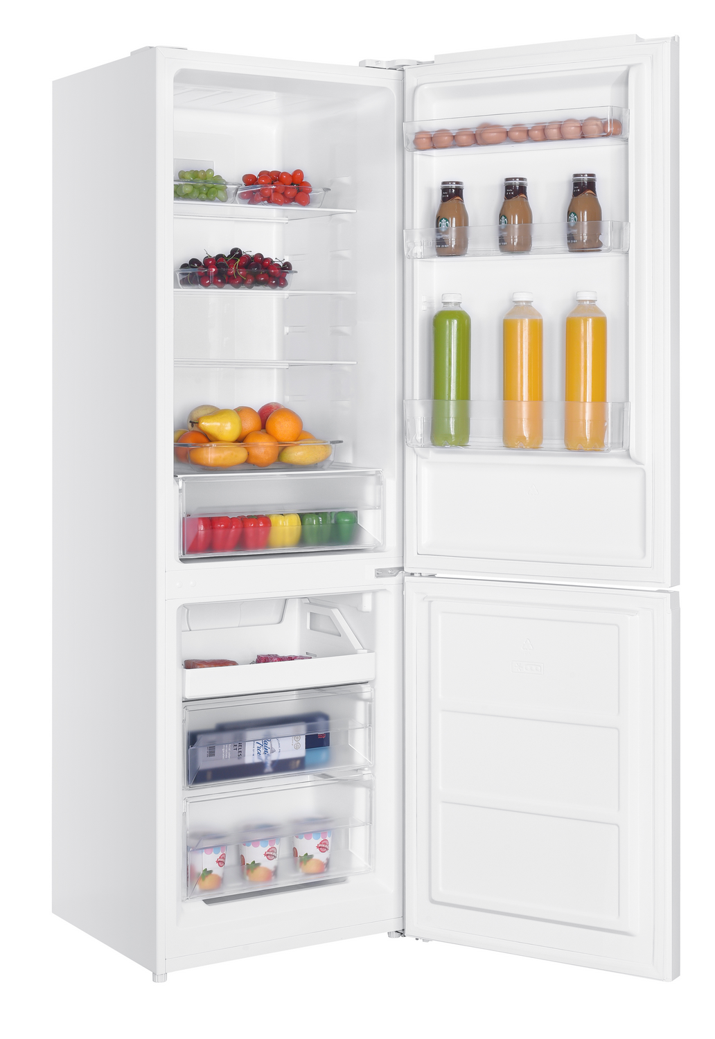 Un refrigerador blanco con puertas abiertas, lleno de frutas, verduras, bebidas y lácteos. El congelador está en la parte inferior.