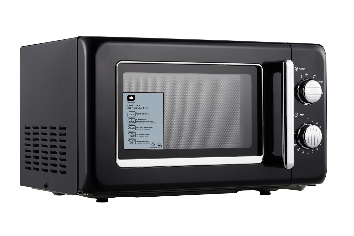 Horno microondas negro con detalles plateados. Tiene mandos de control para potencia y temporizador. Una etiqueta muestra las especificaciones.