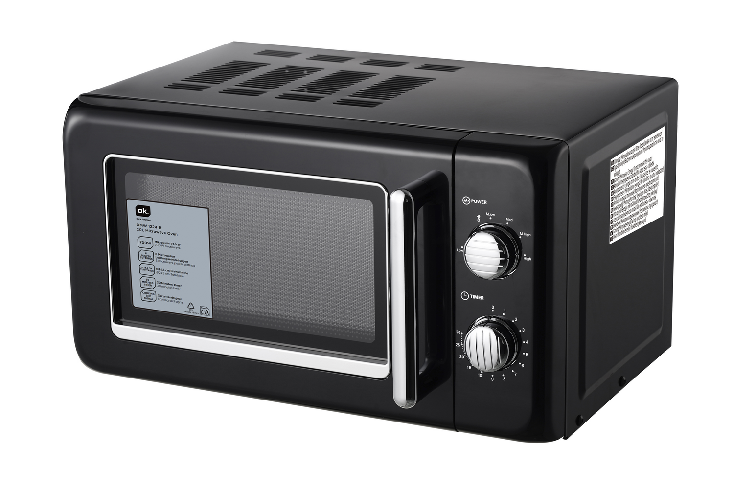 Un horno microondas negro con asa y mandos plateados. Tiene puerta de cristal y una pegatina con texto en el lado izquierdo.