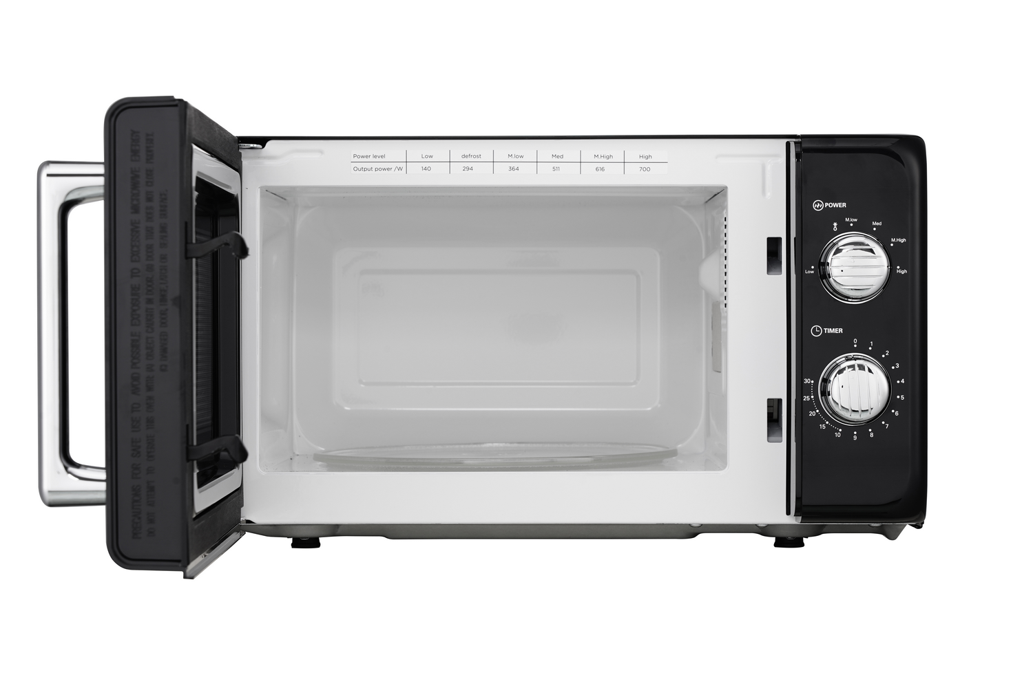 Un horno microondas blanco y negro con la puerta abierta, mostrando el interior. El panel de control está a la derecha.