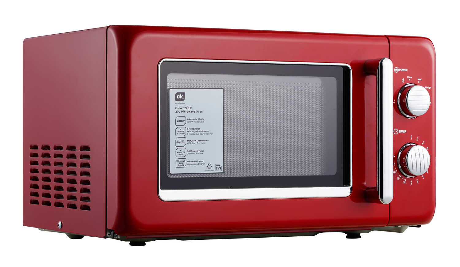 Un microondas rojo con panel de control y diales. Está sobre un fondo blanco.