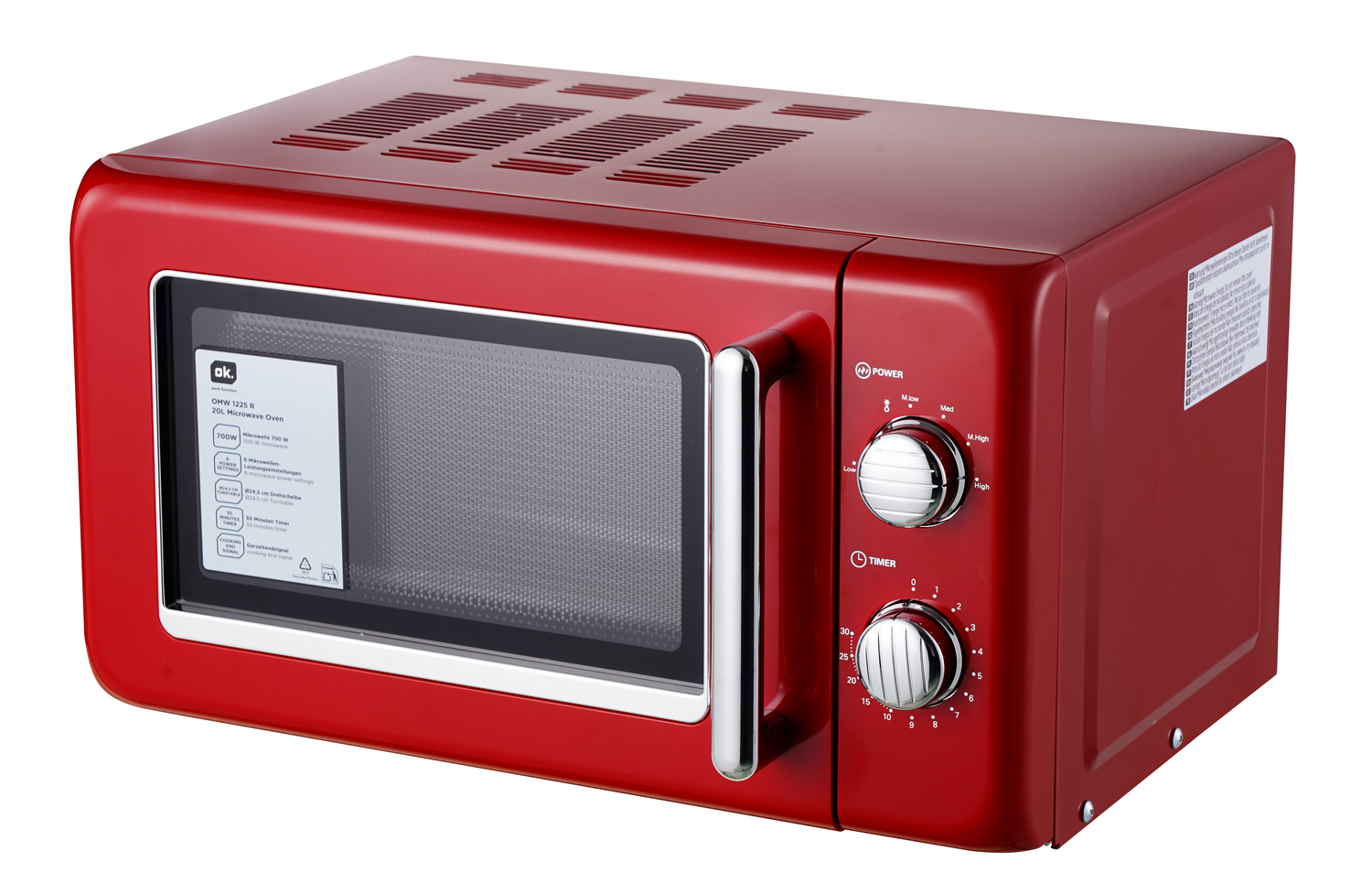 Un microondas rojo con puerta de vidrio, manija plateada y perillas de control. La marca es 'ok.'. Diales de encendido y temporizador.
