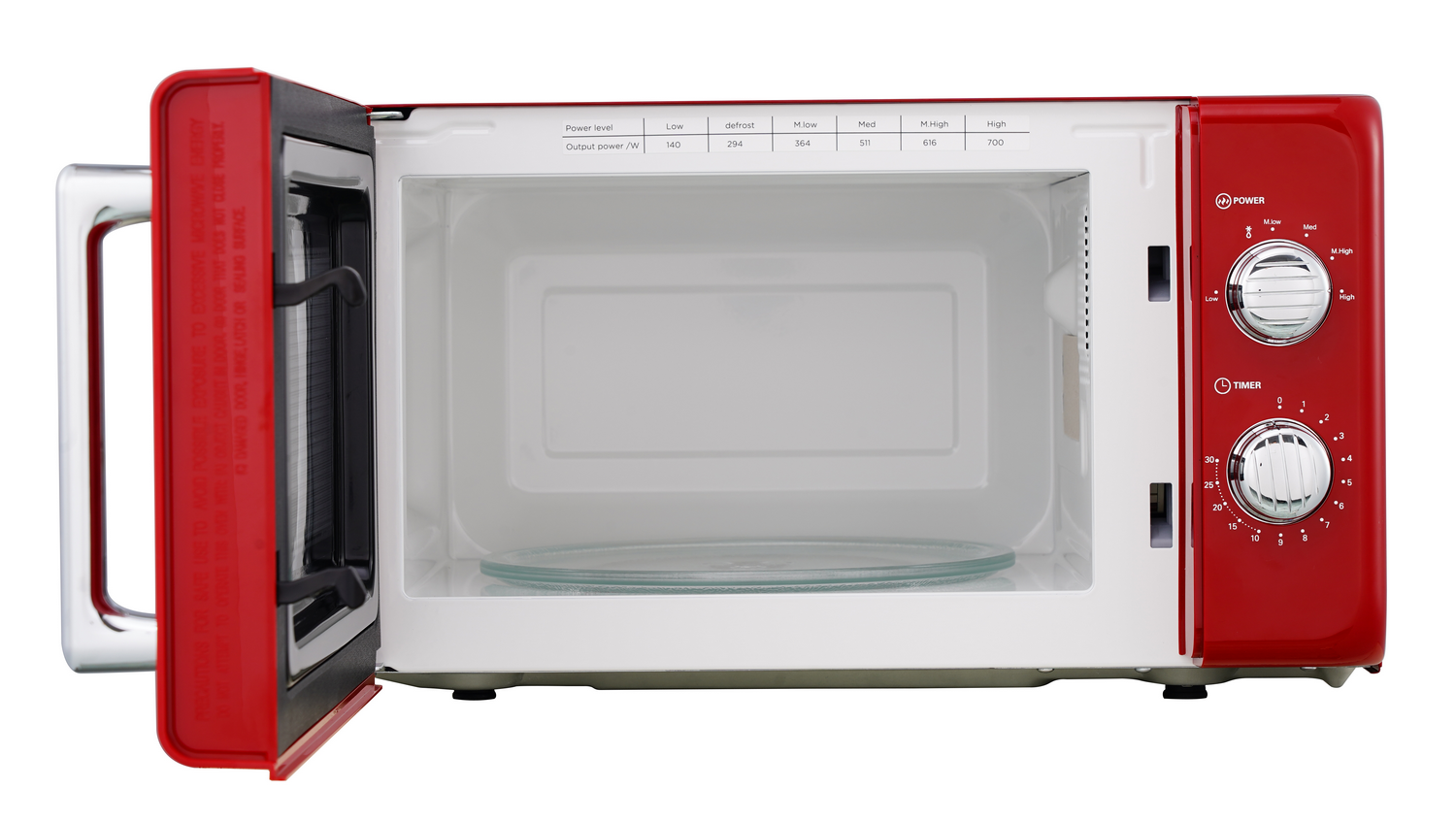 Un horno microondas rojo y blanco con la puerta abierta, mostrando el interior y el panel de control. Hay un plato de cristal dentro.