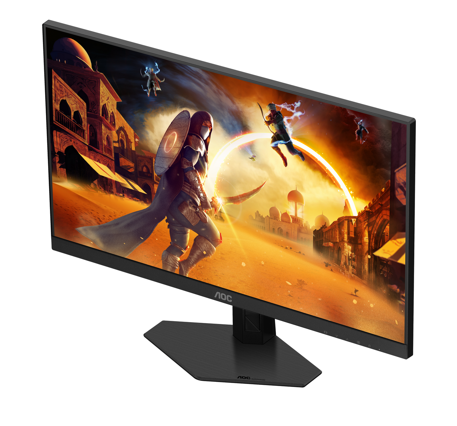 El monitor AOC muestra una escena de juego con guerreros en una ciudad antigua. Los guerreros luchan con arcos y espadas.