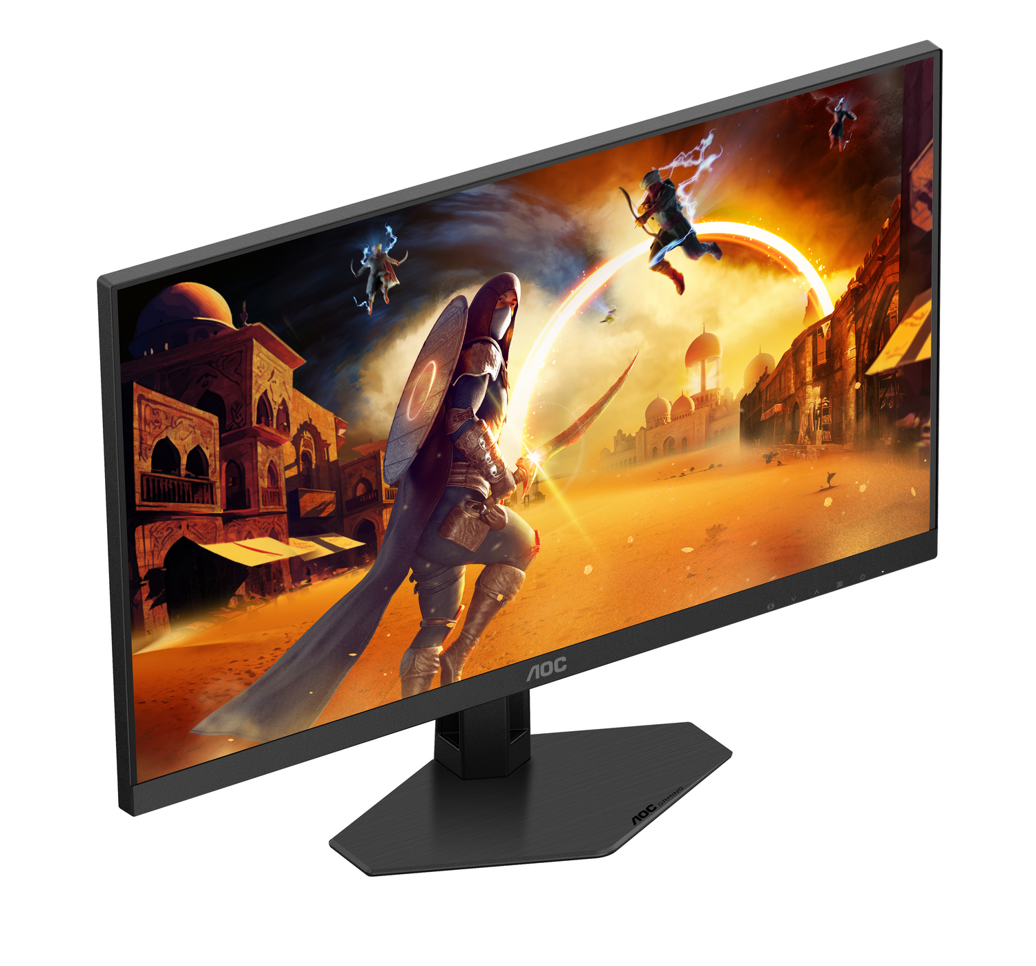 El monitor AOC muestra una escena de juego de un guerrero con una espada brillante. Edificios y personajes en el fondo. El monitor es negro.