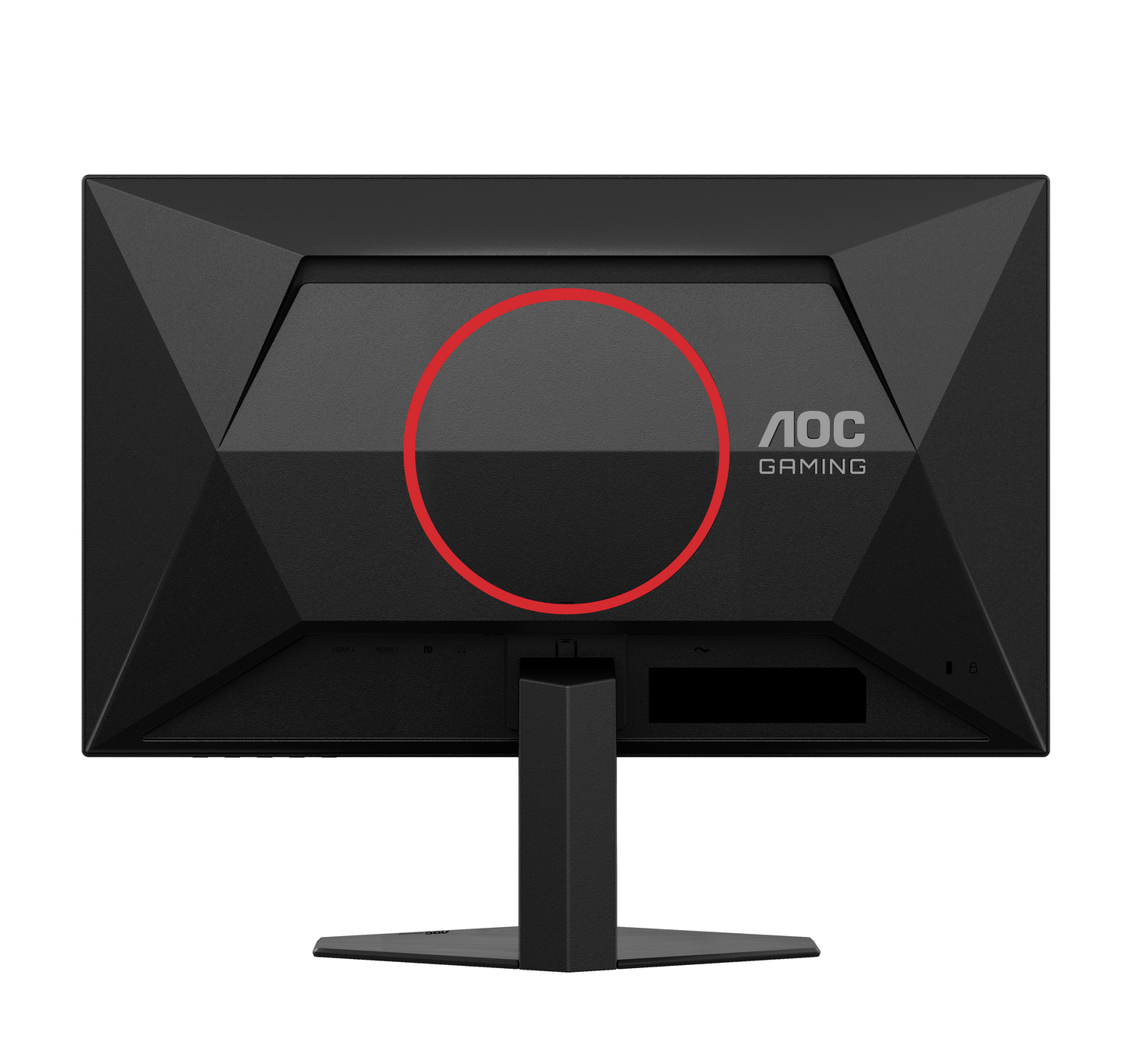 La parte trasera de un monitor gaming AOC negro. Tiene un círculo rojo en el centro, un logo y varios puertos.