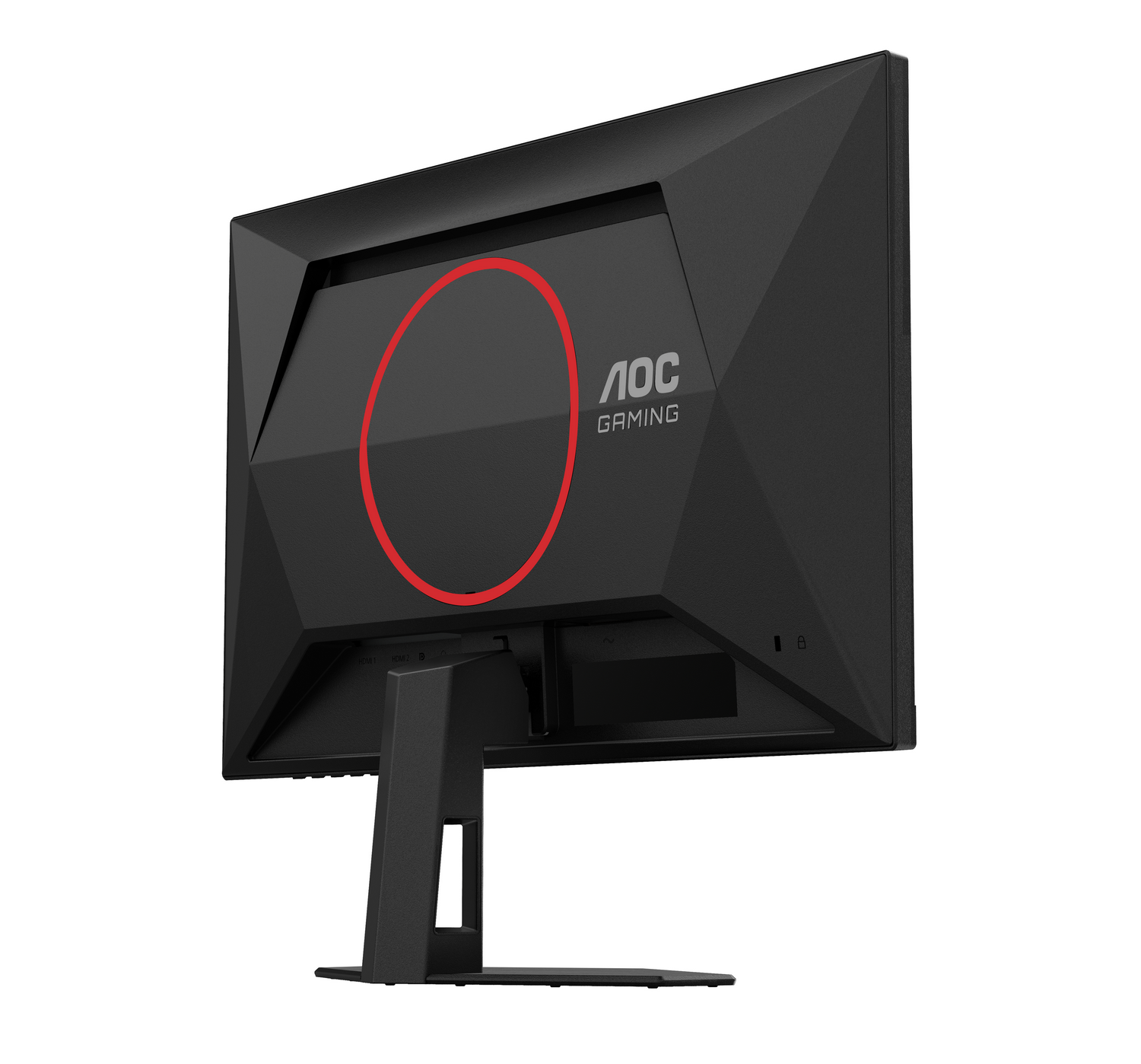 Un monitor gaming AOC negro. Anillo y logo rojos en la parte trasera. Soporte negro. Puertos en la parte inferior.