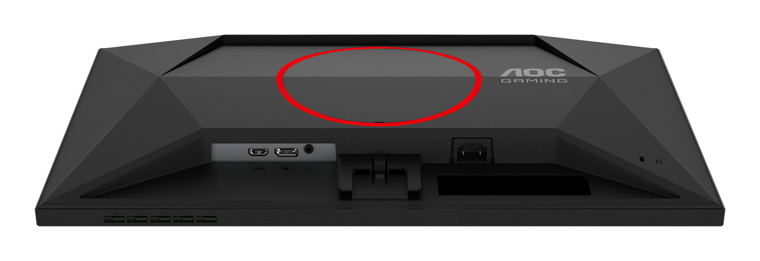 Parte trasera de un monitor AOC gaming negro, mostrando puertos, logo y entrada de energía. Círculo rojo resalta la parte trasera.
