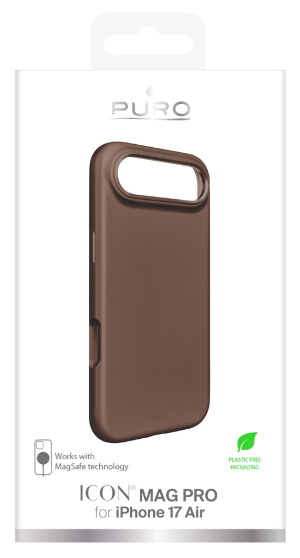 Brązowe etui na telefon iPhone 17 Air w białym pudełku, z logo 'PURO' i etykietą 'Plastic Free Packaging'.
