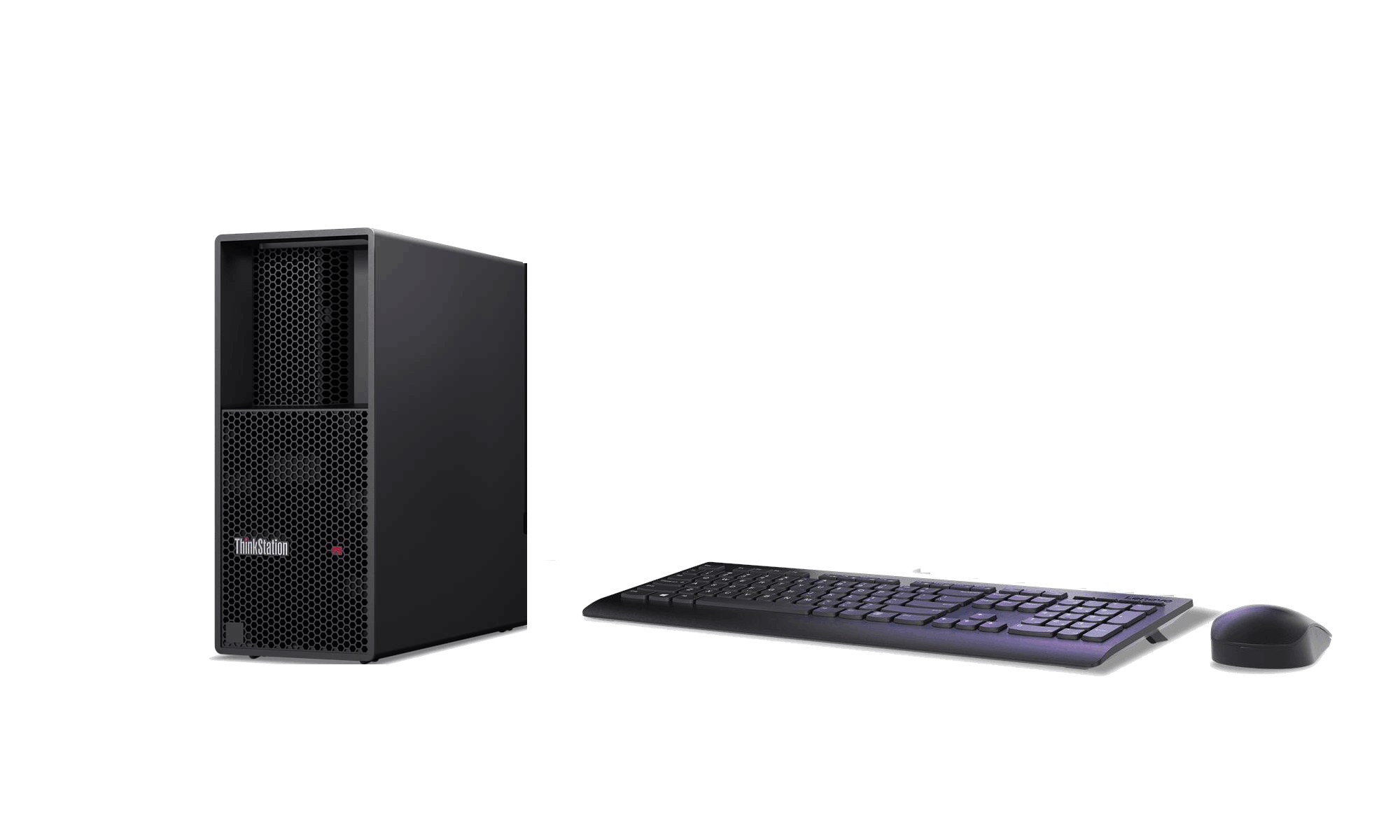 Una computadora de escritorio negra, un teclado y un mouse están sobre un fondo negro. La computadora es alta y rectangular.
