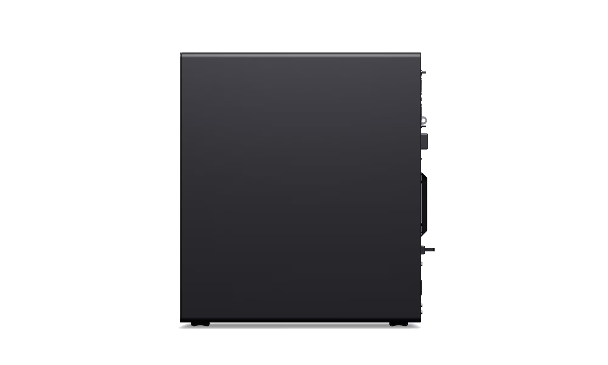 Una caja de computadora rectangular negra vista de lado contra un fondo negro. Tiene una superficie lisa con detalles.