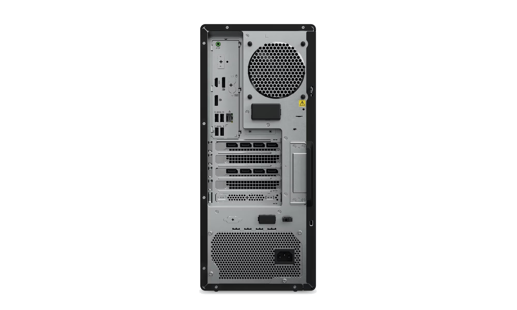 Vista trasera de una torre de computadora negra, mostrando varios puertos, un ventilador y una entrada de alimentación.