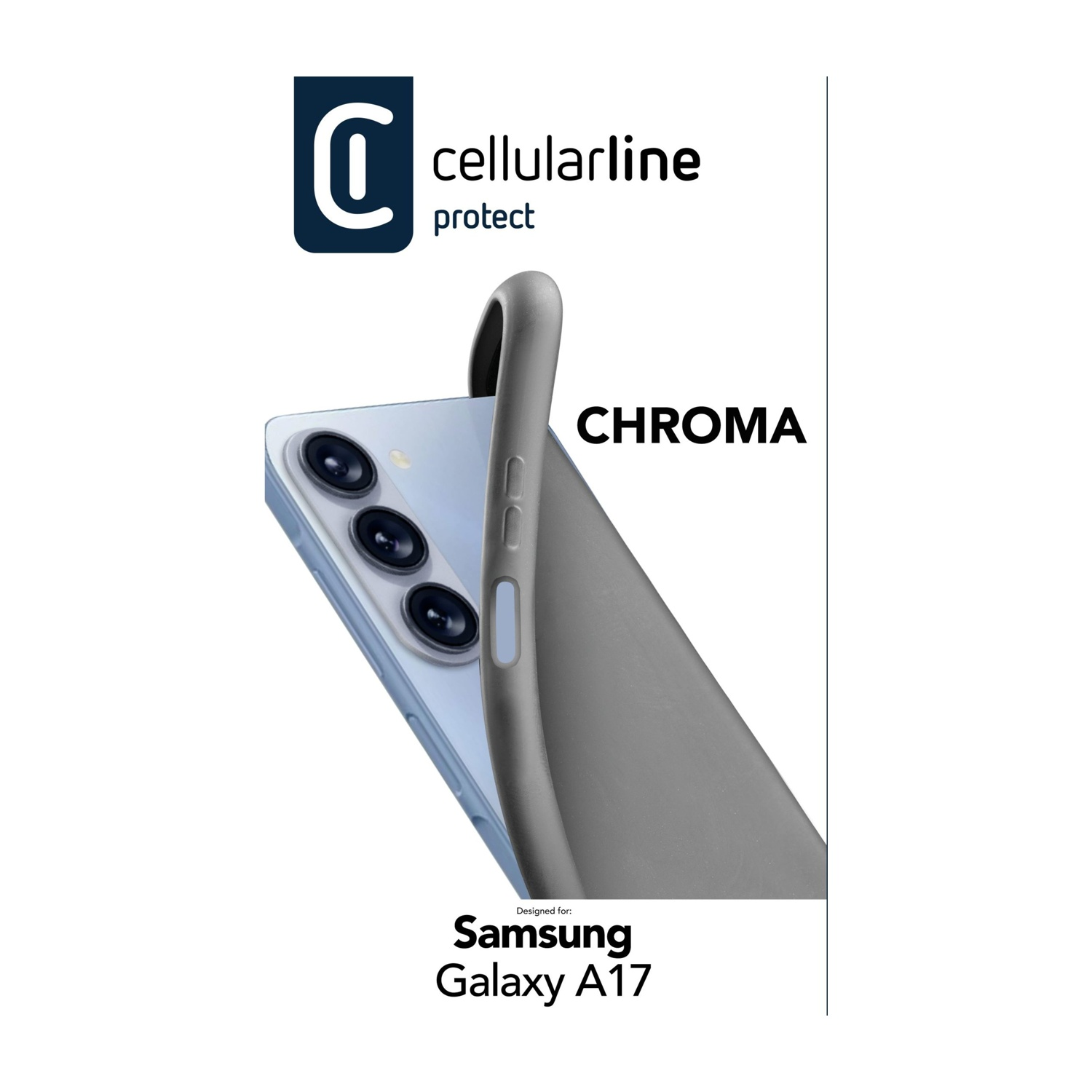 Telefono con custodia grigia, retro blu. Logo Cellularline protect in alto a sinistra, testo "CHROMA" e "Samsung Galaxy A17" in basso.