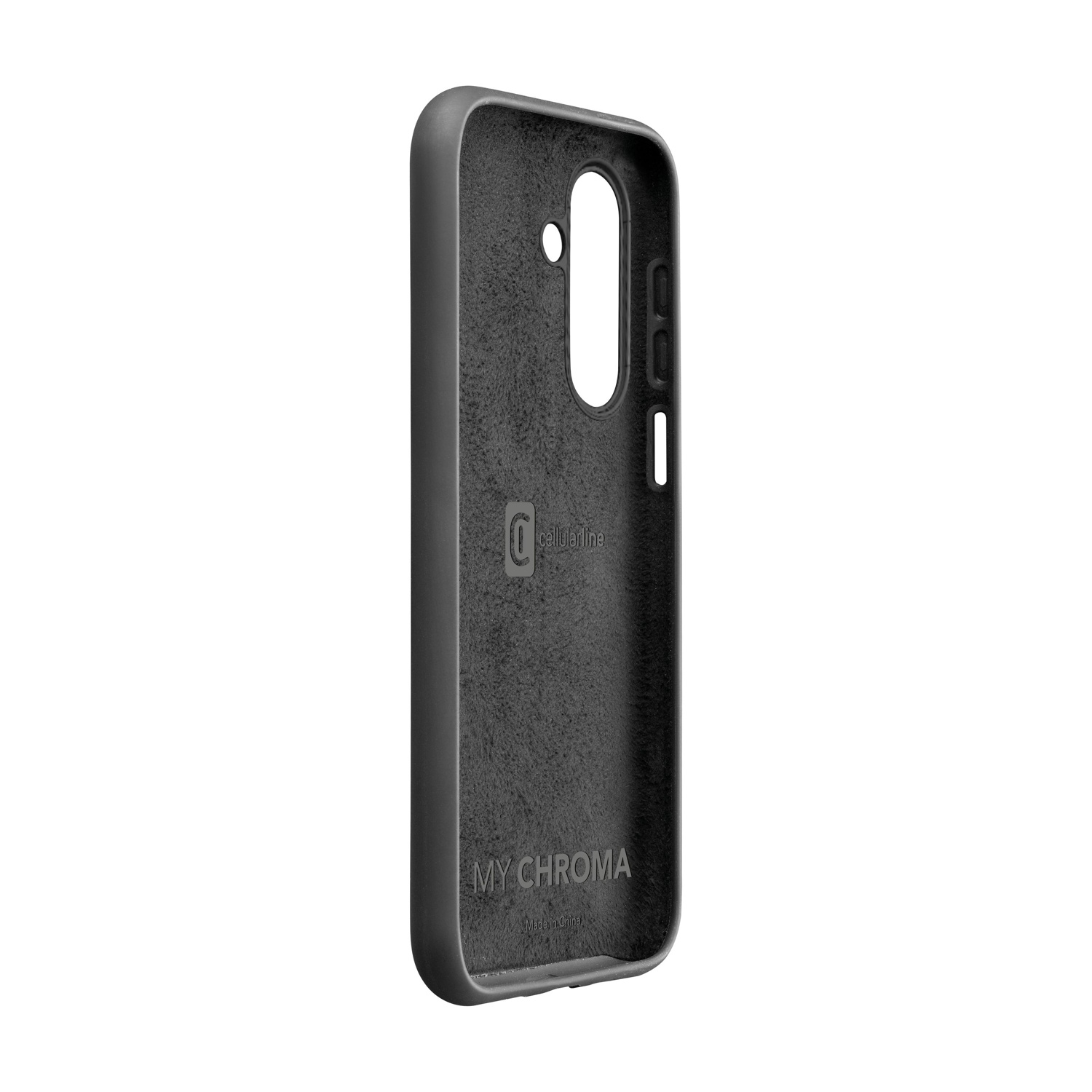 Una custodia per telefono nera con fori per fotocamera e pulsanti, etichettata 'MY CHROMA' e 'cellularline', su sfondo bianco.