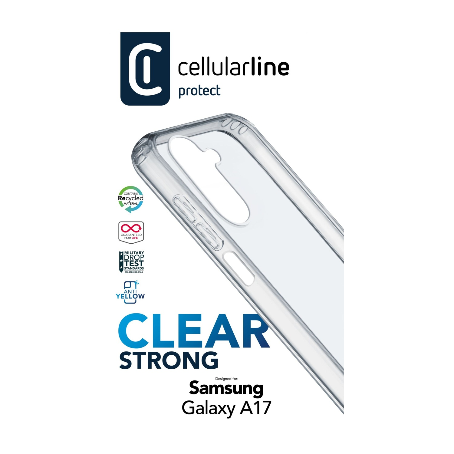 Una custodia trasparente per telefono con marchio Samsung Galaxy A17. Ha testo come 'CLEAR STRONG' e icone relative alla protezione.