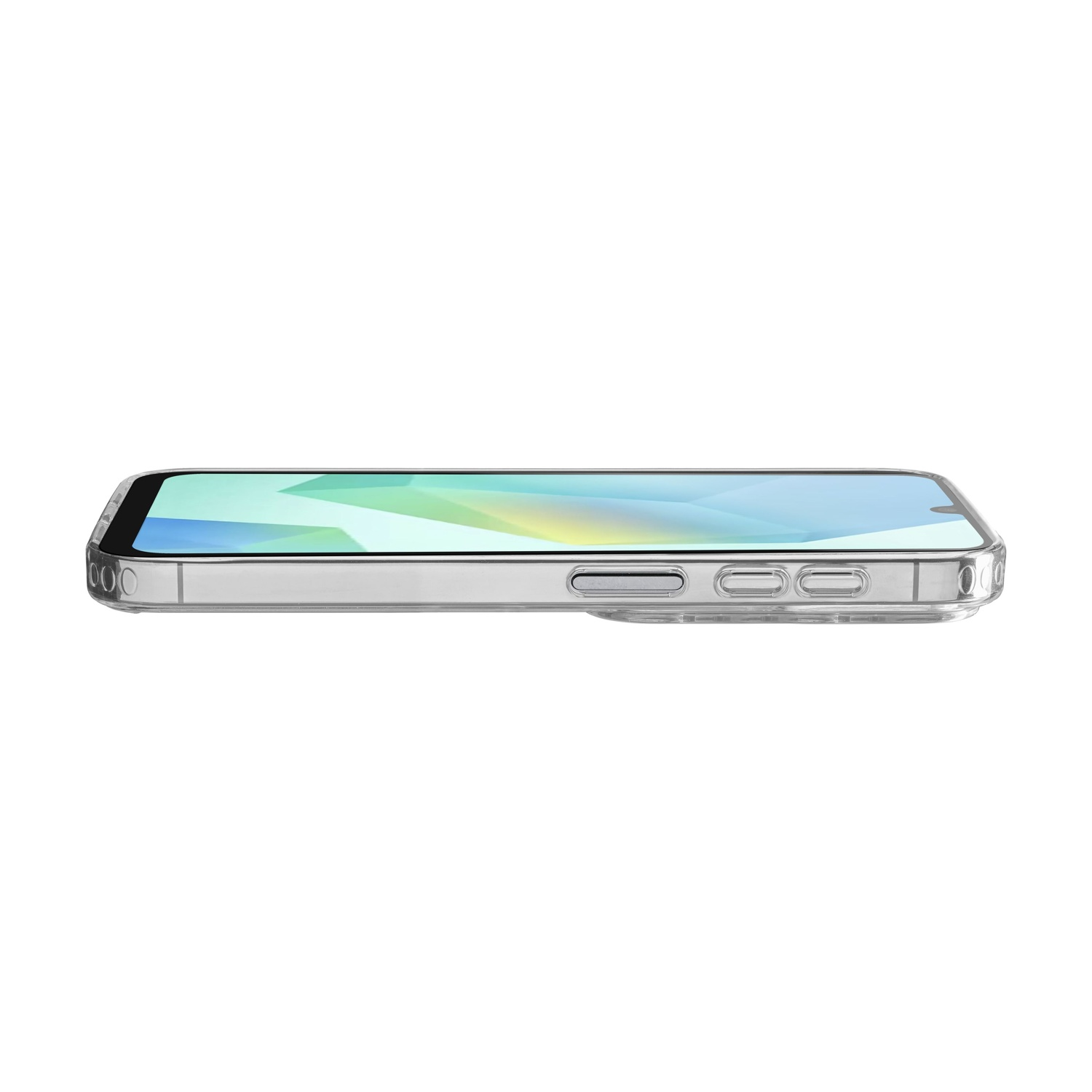 È mostrata una custodia trasparente per telefono, con un telefono all'interno. Lo schermo mostra un'immagine astratta colorata.