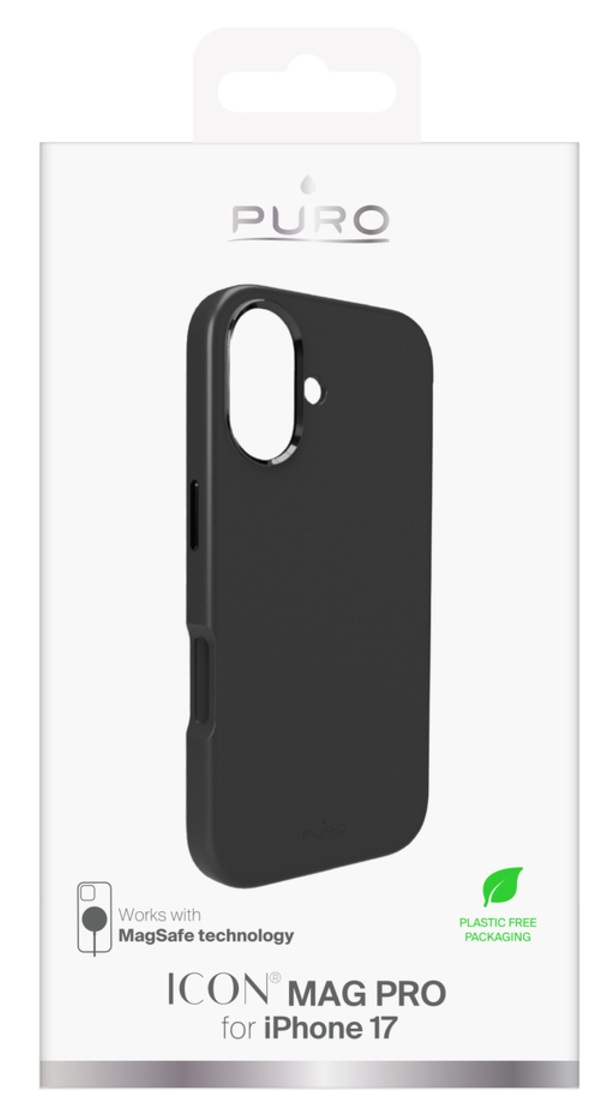 Czarne etui na telefon w białym pudełku. Na pudełku napis PURO, ICON MAG PRO for iPhone 17 i logo wolne od plastiku.