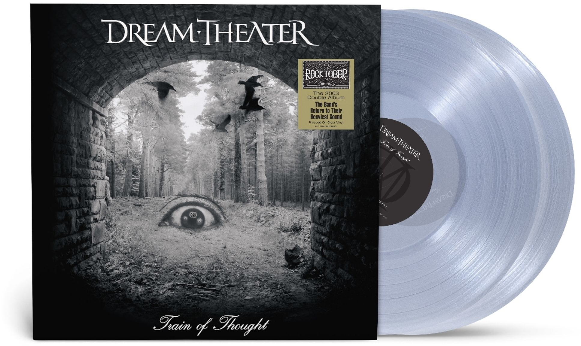 Album borító: 'Dream Theater - Train of Thought'. Alagút, szem, erdő és egy bakelit lemez látható.