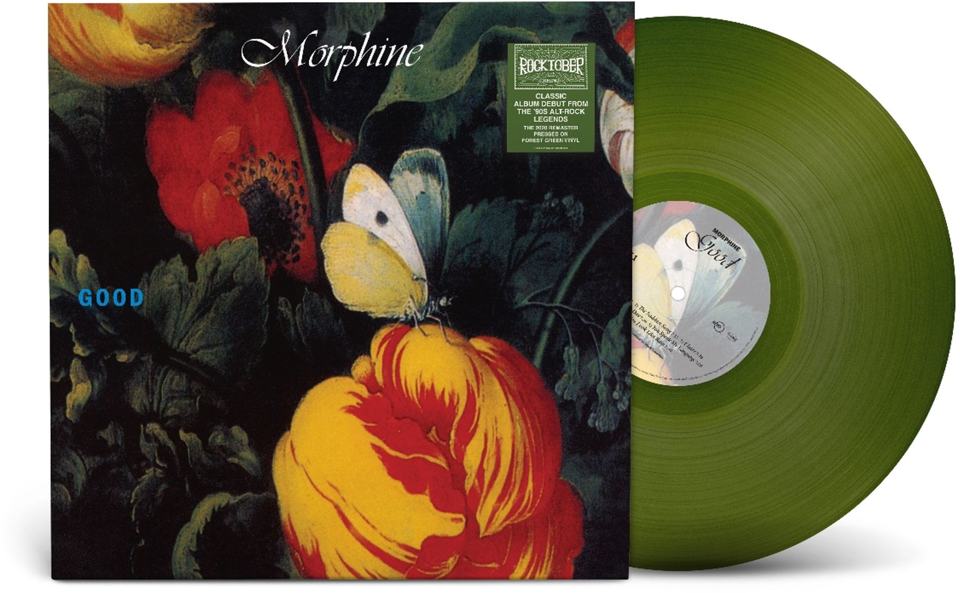 A 'Morphine - Good' album borítója zöld bakelit lemezzel. Virágokat, pillangót és az album címét ábrázolja.