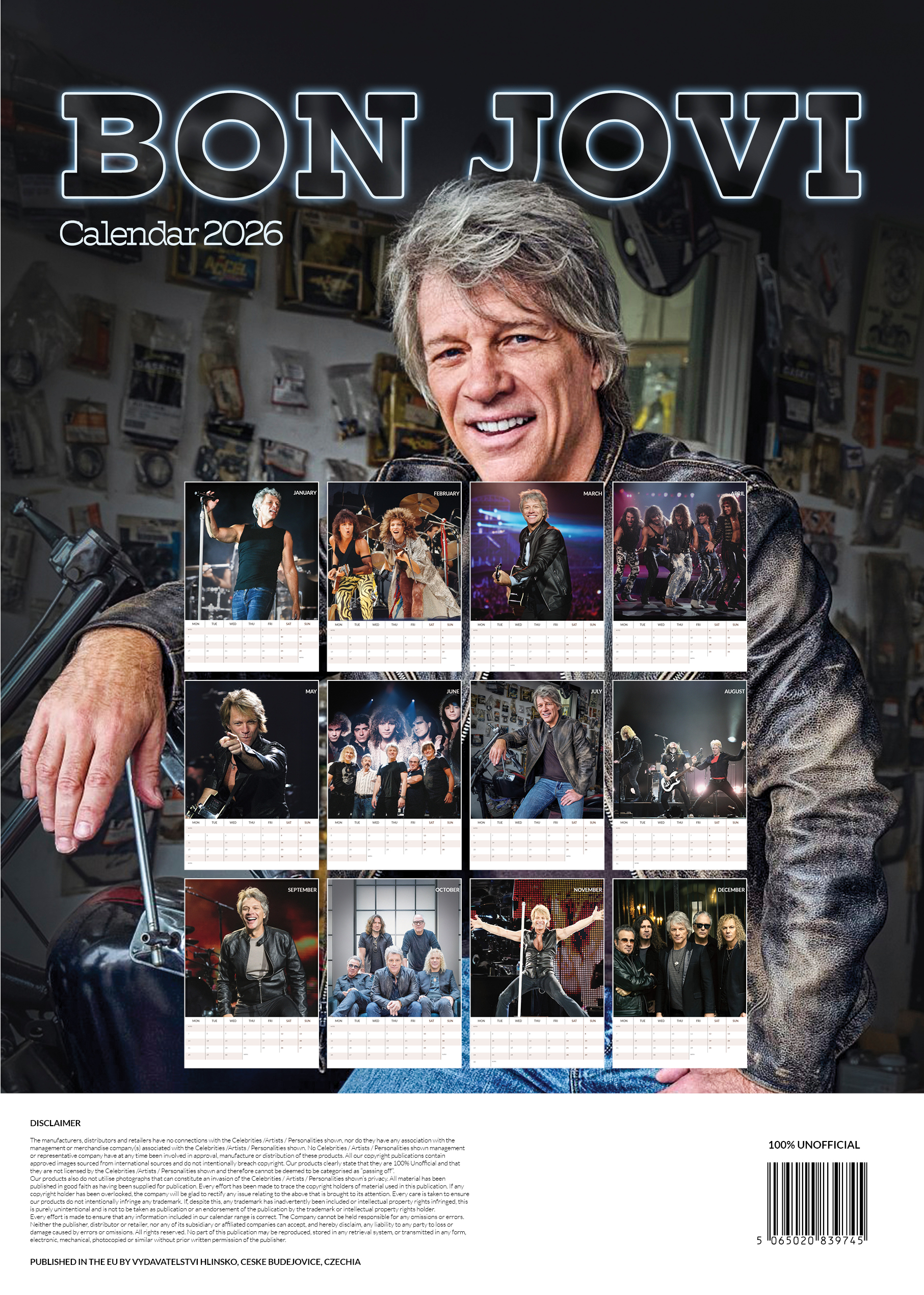 Bon Jovi képekkel ellátott naptár. Jon Bon Jovi mosolyog. Motor alkatrészek előtérben.