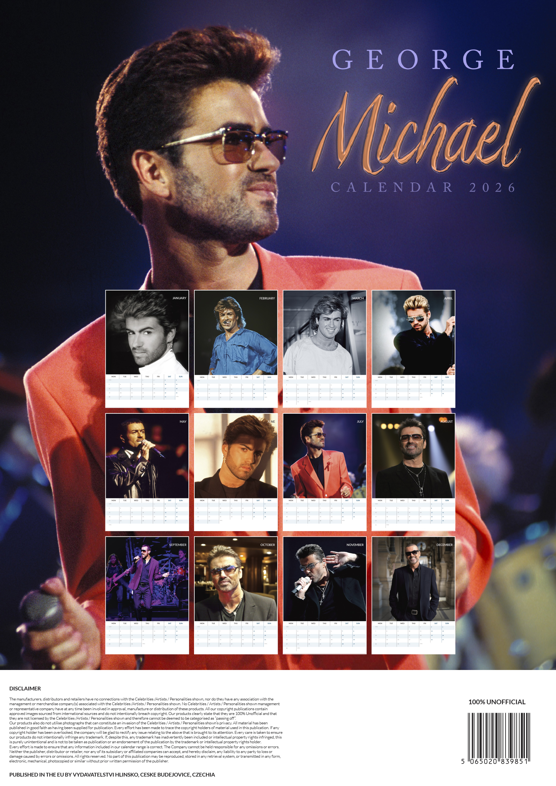 George Michael naptár. Van egy portréja róla és kisebb képek minden hónapra.