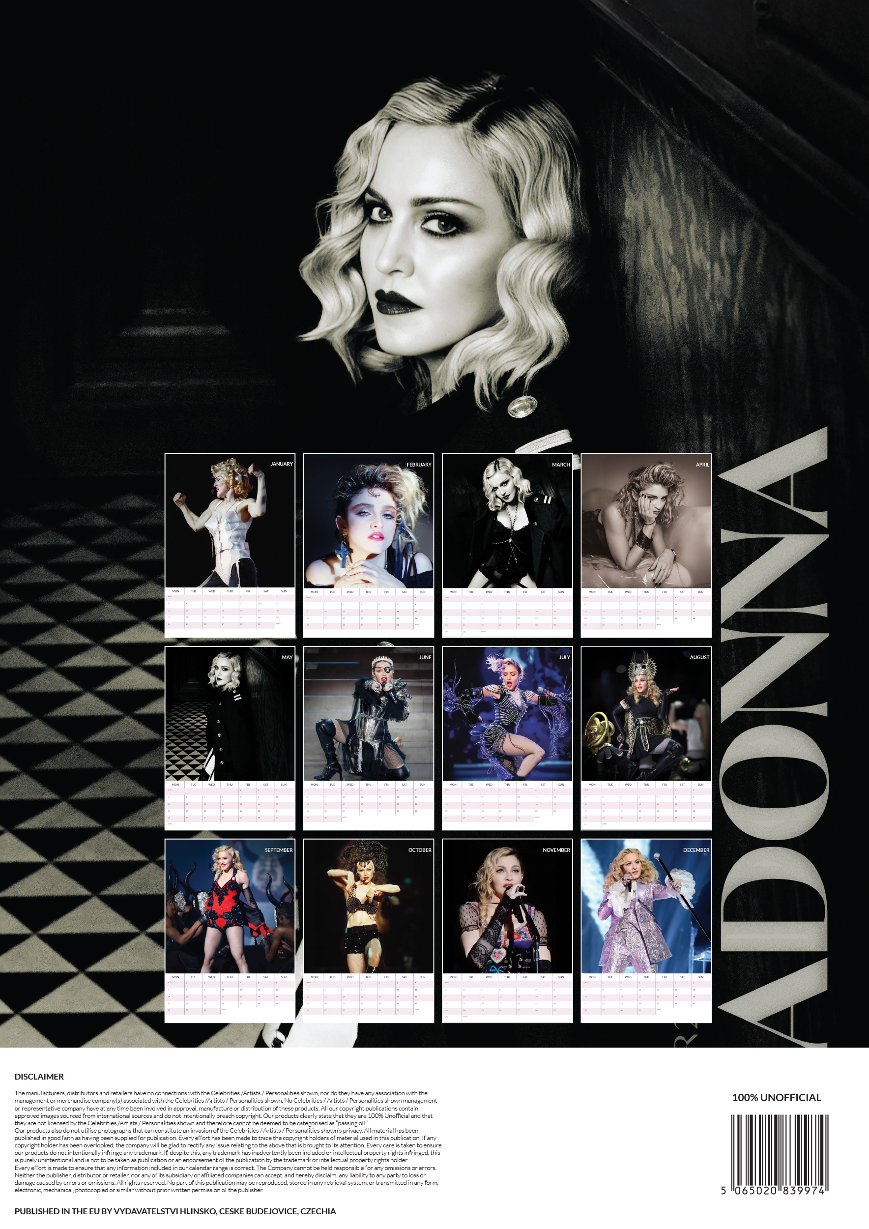 Madonna naptár, rajta különböző jelmezekben látható képekkel. Tartalmazza az 'ADONNA' szót.