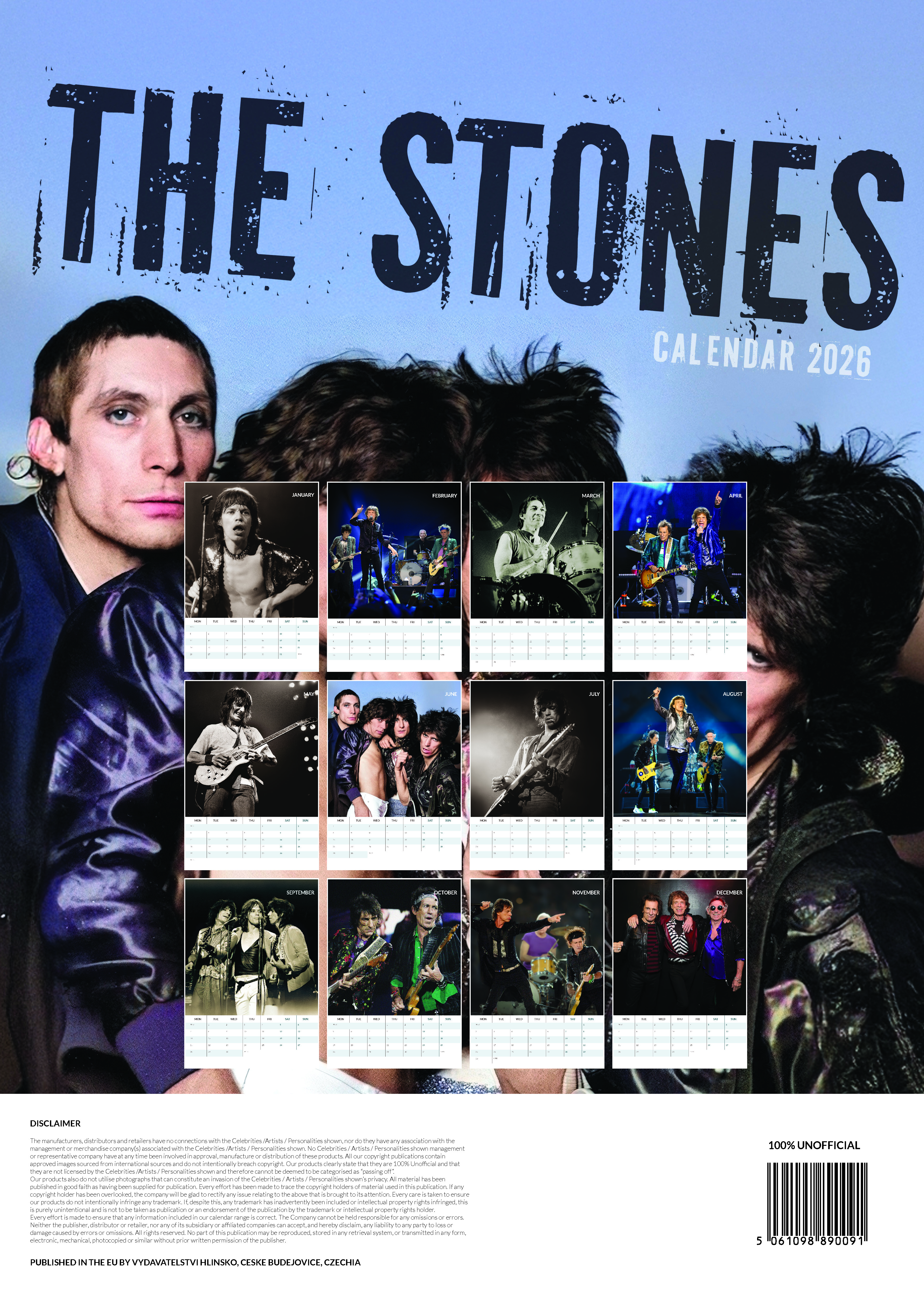 A 2026-os naptár a The Rolling Stones-t tartalmazza. A zenekar tagjainak fotói a naptárban. Kék háttér szöveggel.