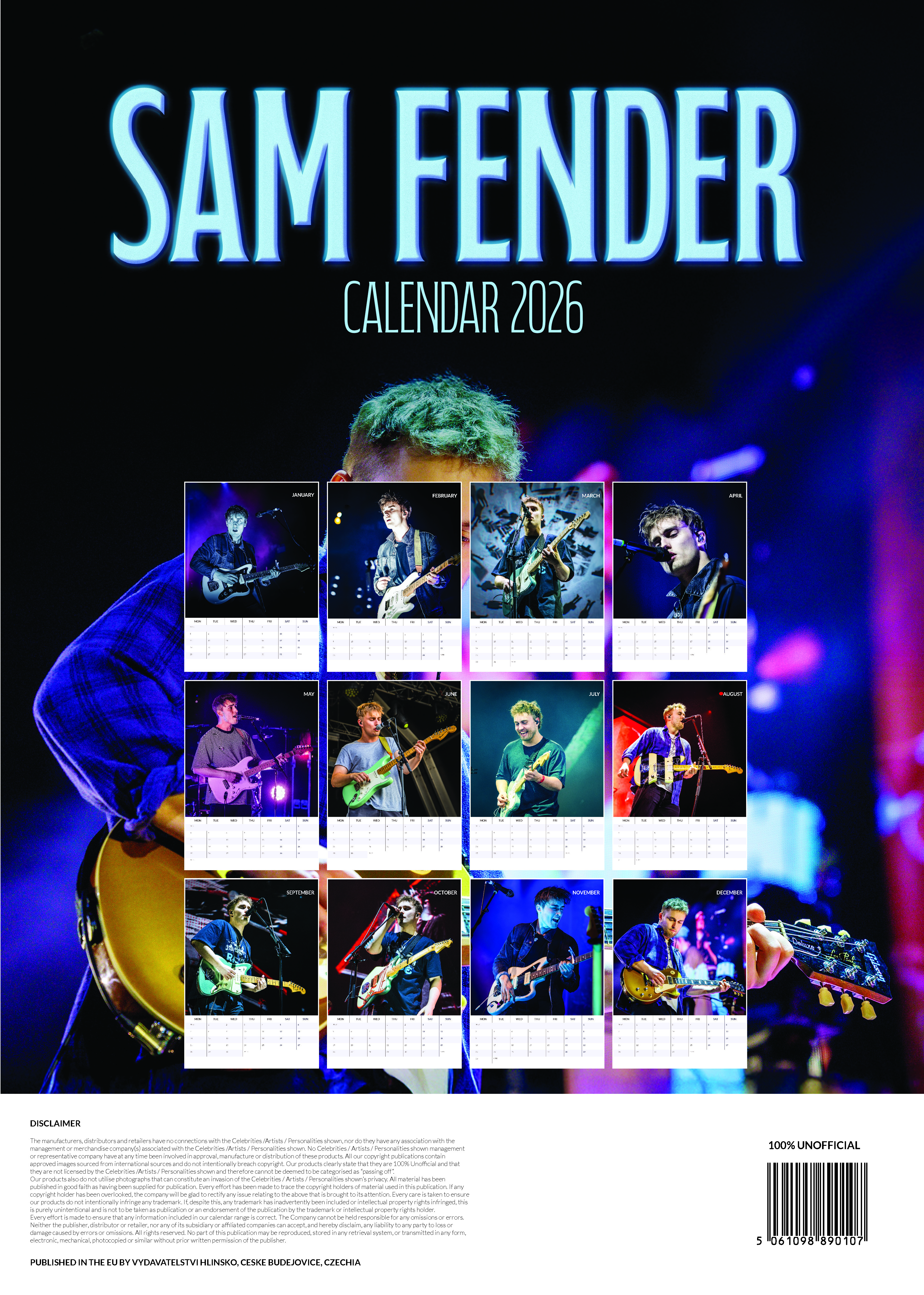 2026-os naptár Sam Fenderrel. Gitározó képeket tartalmaz. A szöveg hónapokat is mutat.