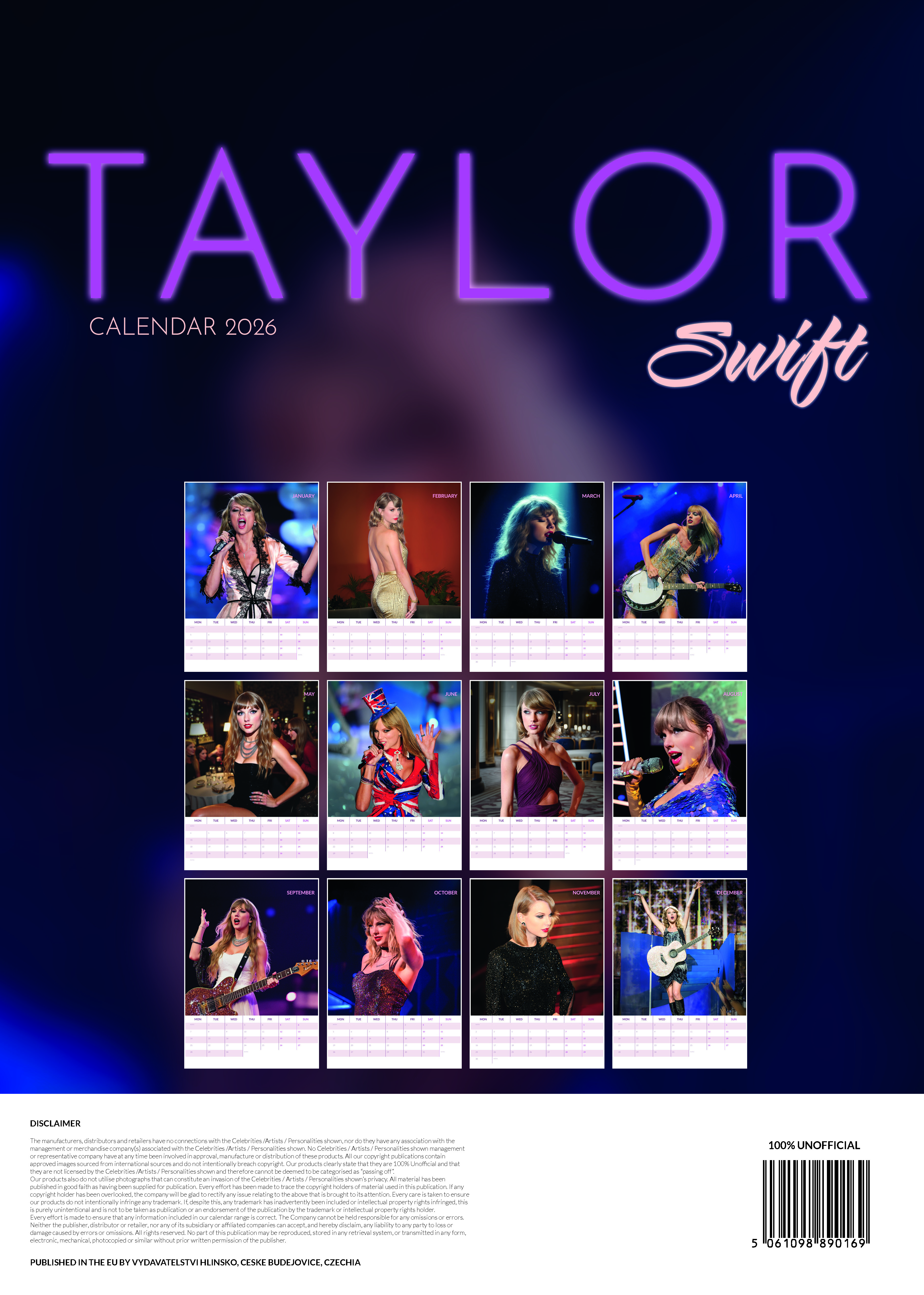 Egy Taylor Swift naptár 2026-ra. Több képet tartalmaz Taylor Swiftről, a hónap nevét és a naptárt.