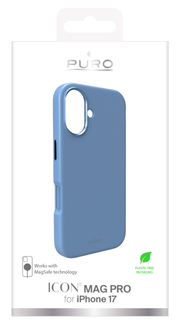 Niebieskie etui na telefon dla iPhone'a 17, w opakowaniu. Marka to PURO. Tekst mówi MAG PRO i opakowanie wolne od plastiku.
