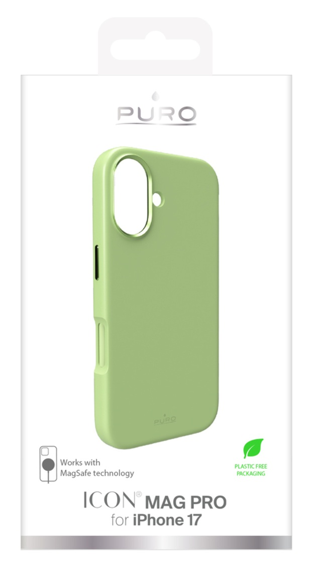 Zielone etui Puro iPhone 17 w opakowaniu. Opakowanie zawiera nazwę marki i etykietę "opakowanie wolne od plastiku".