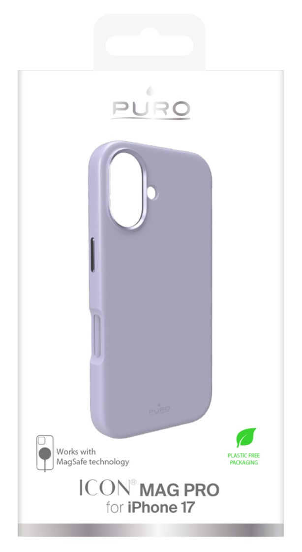 Lawendowe etui na iPhone'a w białym pudełku. Etui jest oznaczone jako ICON MAG PRO dla iPhone'a 17. Pudełko ma logo Puro.