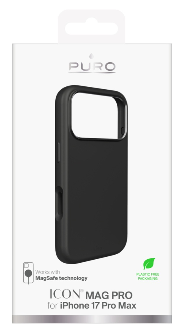 Czarne etui na telefon w białym pudełku. Marka to PURO. Jest napisane Icon Mag Pro dla iPhone 17 Pro Max. Posiada technologię MagSafe.