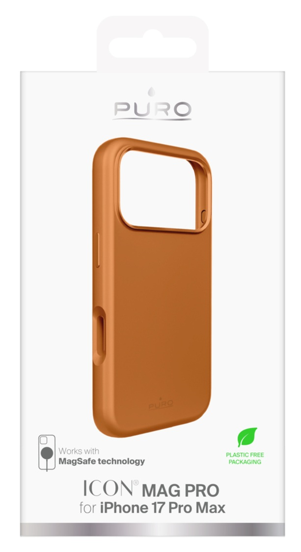 Etui na telefon w białym pudełku. Etui jest pomarańczowe i ma napis 'ICON MAG PRO for iPhone 17 Pro Max'.